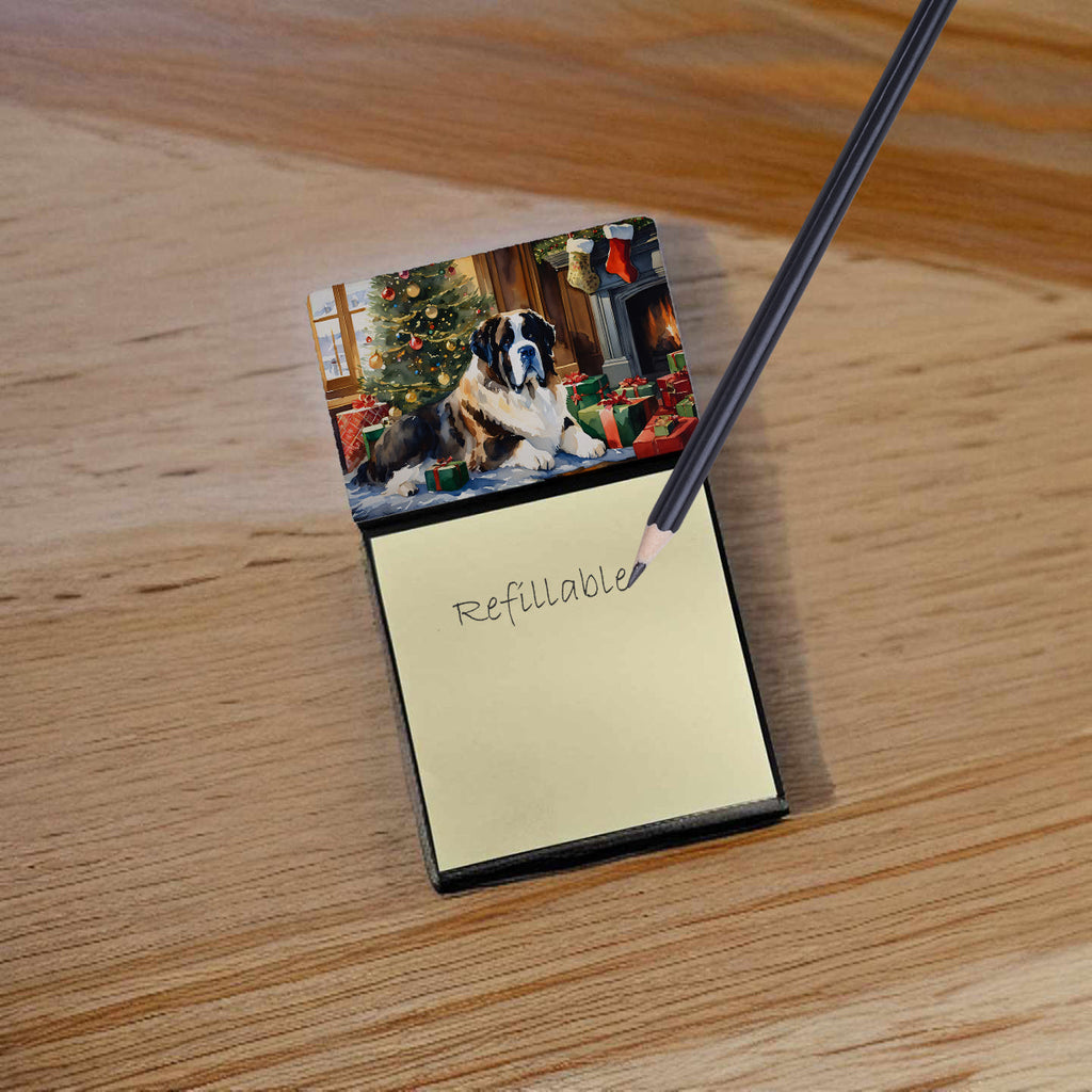 Saint Bernard Cozy Christmas Watercolor Sticky Note Holder Refillable Dispenser Desk Accessory 3x3 Pad Gift