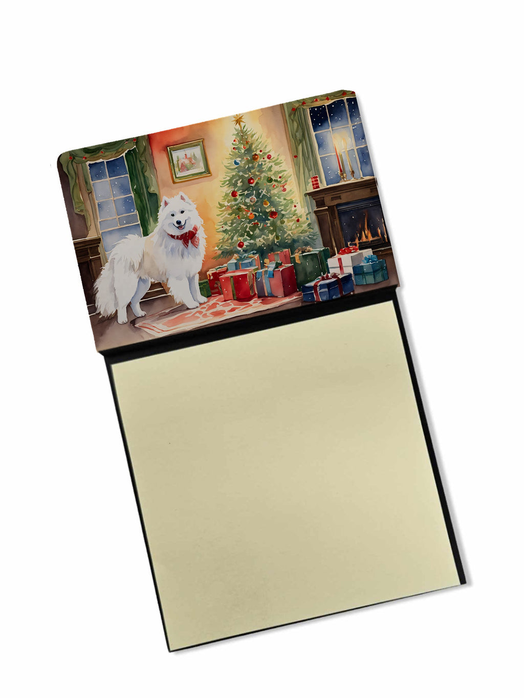 Samoyed Cozy Christmas Watercolor Sticky Note Holder Refillable Dispenser Desk Accessory 3x3 Pad Gift