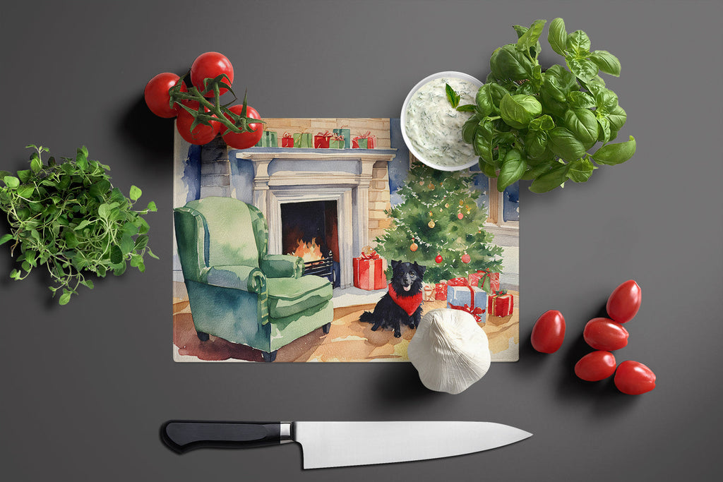 Schipperke Cozy Christmas Cutting Board Tempered Glass Kitchen Cutting Surface, Heat Resistant Chopping, Non-Slip Feet, Food Prep & Serving