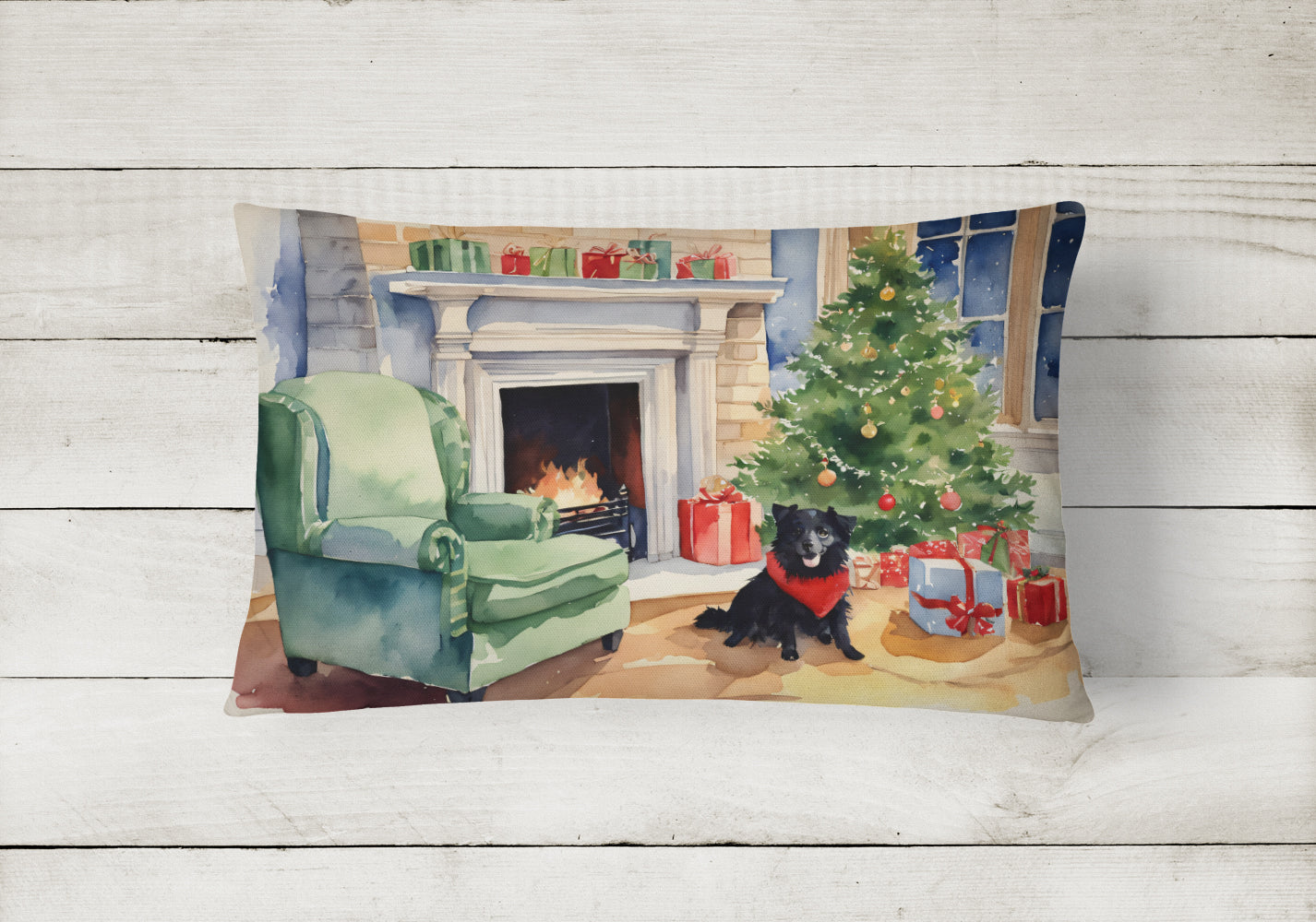 Schipperke Cozy Christmas Decorative Throw Pillow 12x16 Indoor Outdoor Accent Cushion, Fabric Cover with Insert for Sofa, Bed, Porch & Living Room