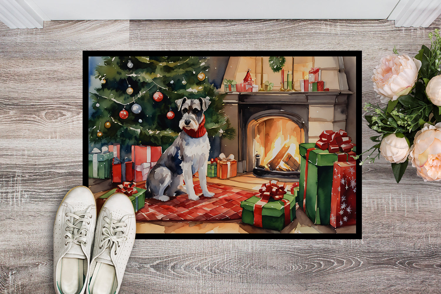 Schnauzer Cozy Christmas Doormat Indoor Outdoor 24H X 36W Front Door Mat Rugs for Entryway, Non Slip Washable Low Pile,