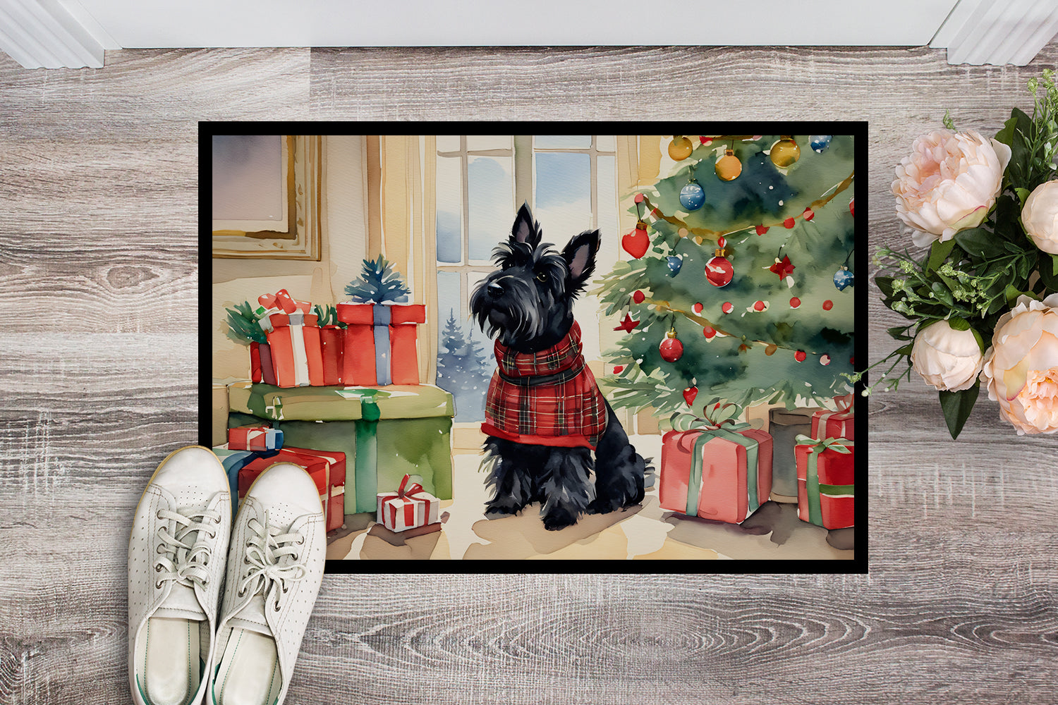 Scottish Terrier Cozy Christmas Doormat Indoor Outdoor 24H X 36W Front Door Mat Rugs for Entryway, Non Slip Washable Low Pile,