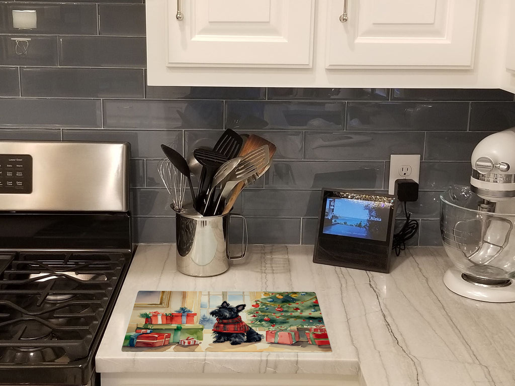 Scottish Terrier Cozy Christmas Cutting Board Tempered Glass Kitchen Cutting Surface, Heat Resistant Chopping, Non-Slip Feet, Food Prep & Serving