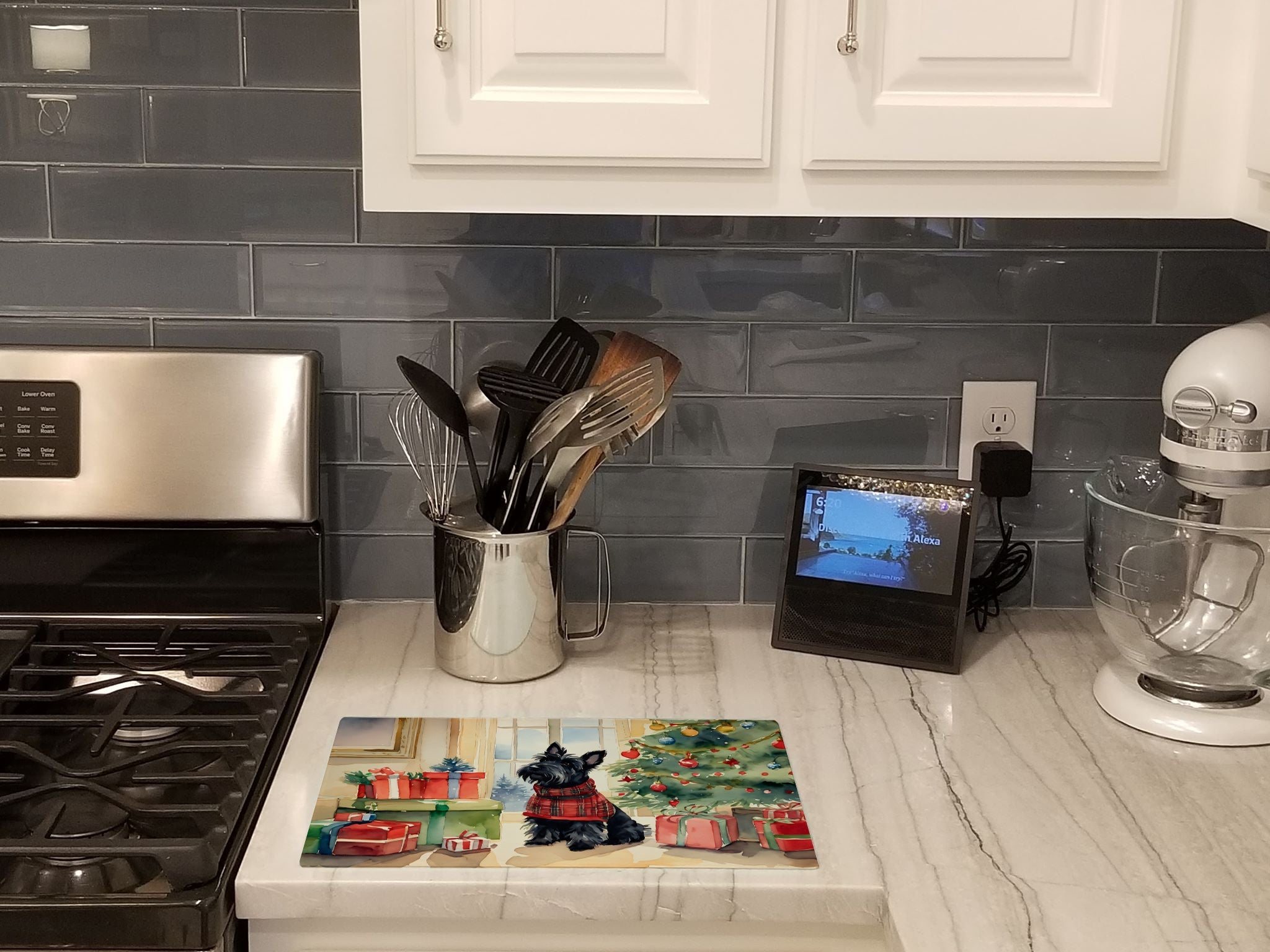 Scottish Terrier Cozy Christmas Cutting Board Tempered Glass Kitchen Cutting Surface, Heat Resistant Chopping, Non-Slip Feet, Food Prep & Serving