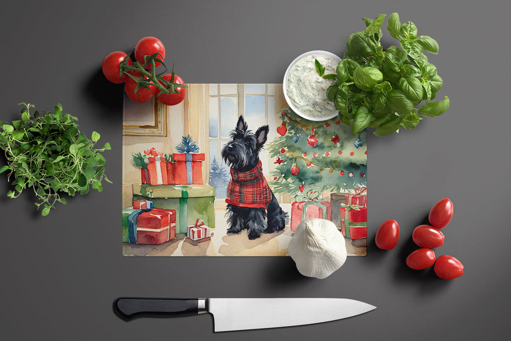 Scottish Terrier Cozy Christmas Cutting Board Tempered Glass Kitchen Cutting Surface, Heat Resistant Chopping, Non-Slip Feet, Food Prep & Serving