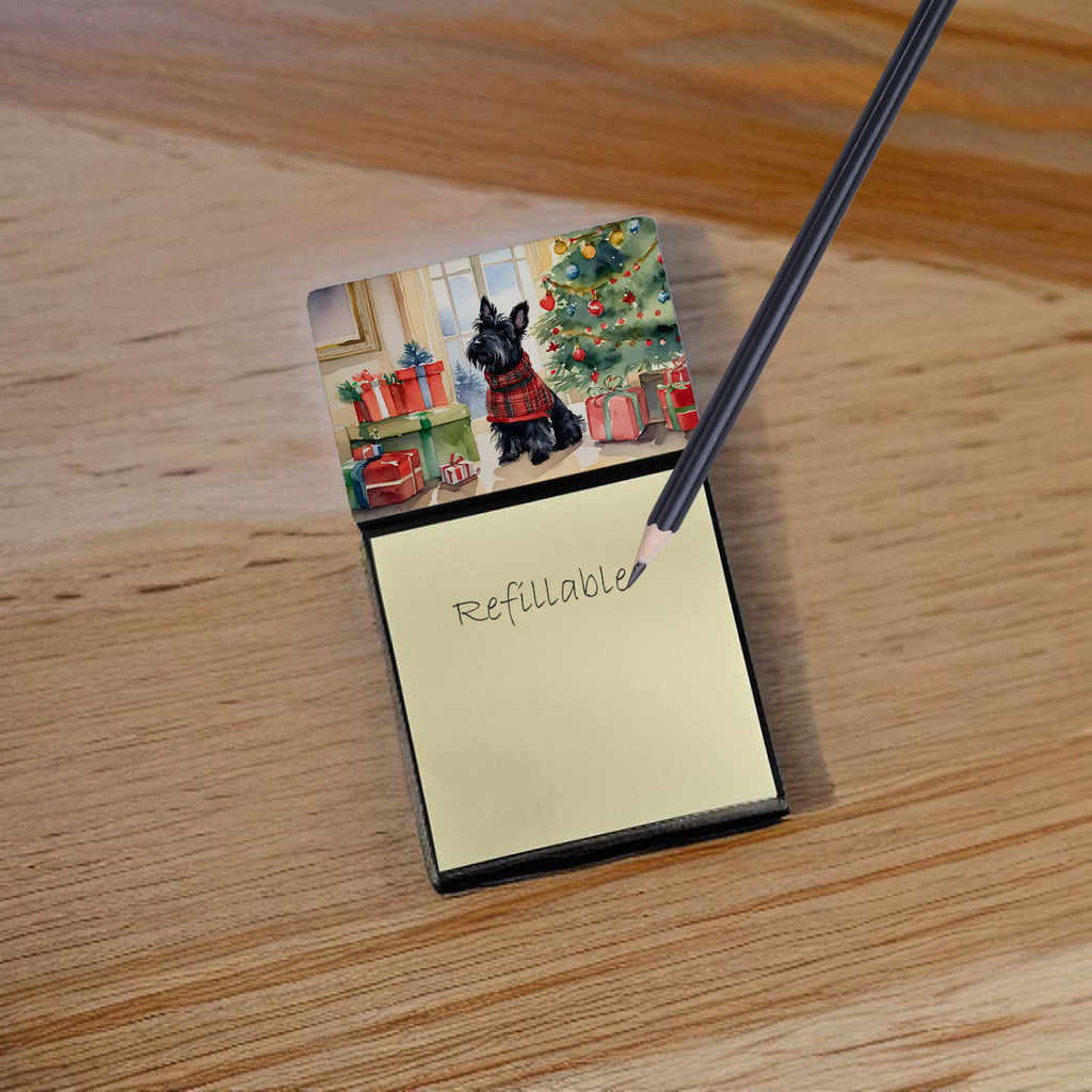 Scottish Terrier Cozy Christmas Watercolor Sticky Note Holder Refillable Dispenser Desk Accessory 3x3 Pad Gift