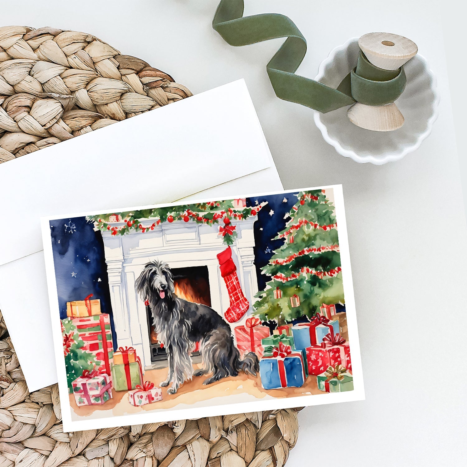 Scottish Deerhound Cozy Christmas Greeting Cards Pack of 8 Blank Cards with Envelopes Whimsical A7 Size 5x7