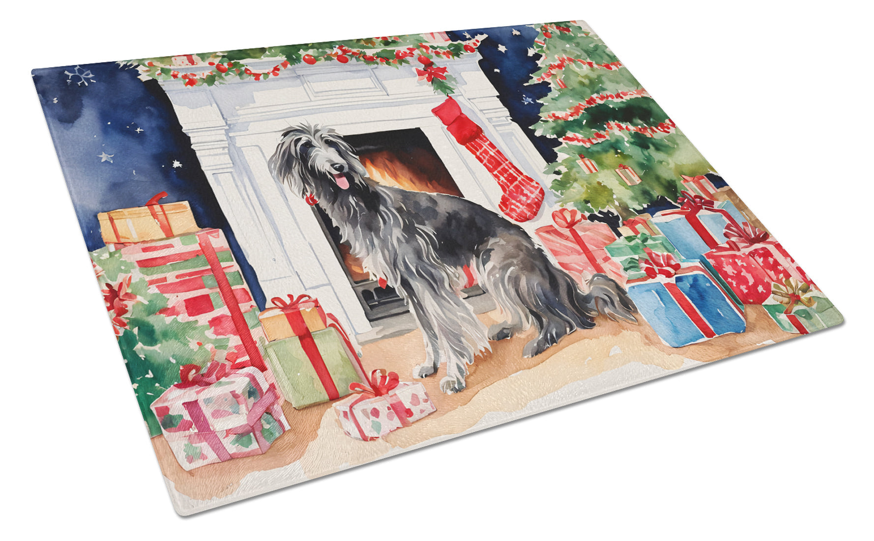 Scottish Deerhound Cozy Christmas Cutting Board Tempered Glass Kitchen Cutting Surface, Heat Resistant Chopping, Non-Slip Feet, Food Prep & Serving