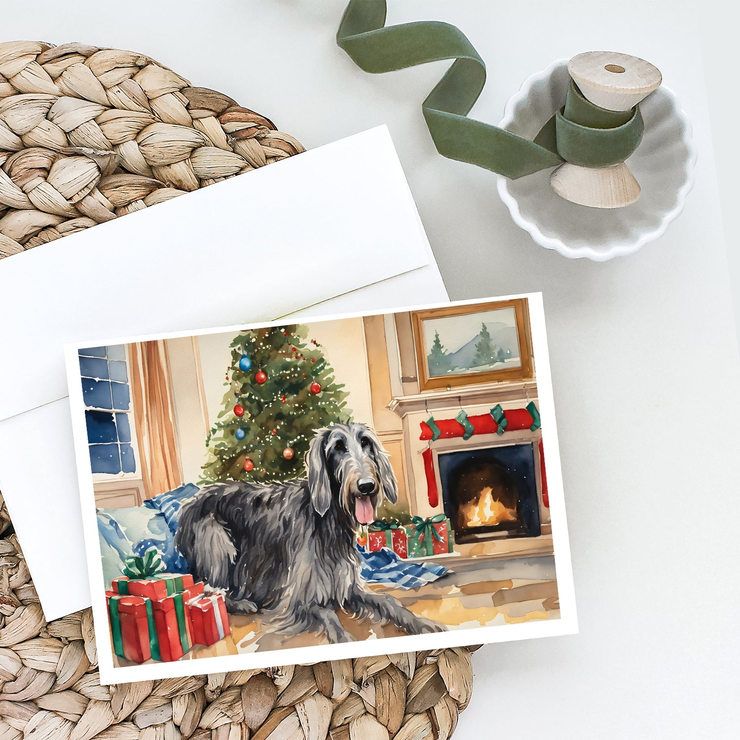 Scottish Deerhound Cozy Christmas Greeting Cards Pack of 8 Blank Cards with Envelopes Whimsical A7 Size 5x7