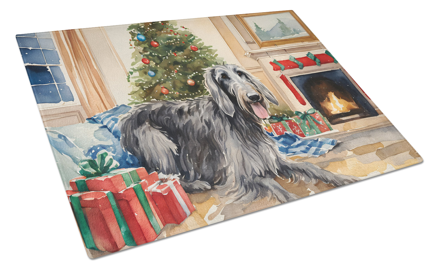 Scottish Deerhound Cozy Christmas Cutting Board Tempered Glass Kitchen Cutting Surface, Heat Resistant Chopping, Non-Slip Feet, Food Prep & Serving