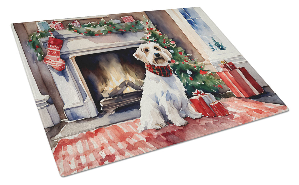 Sealyham Terrier Cozy Christmas Cutting Board Tempered Glass Kitchen Cutting Surface, Heat Resistant Chopping, Non-Slip Feet, Food Prep & Serving
