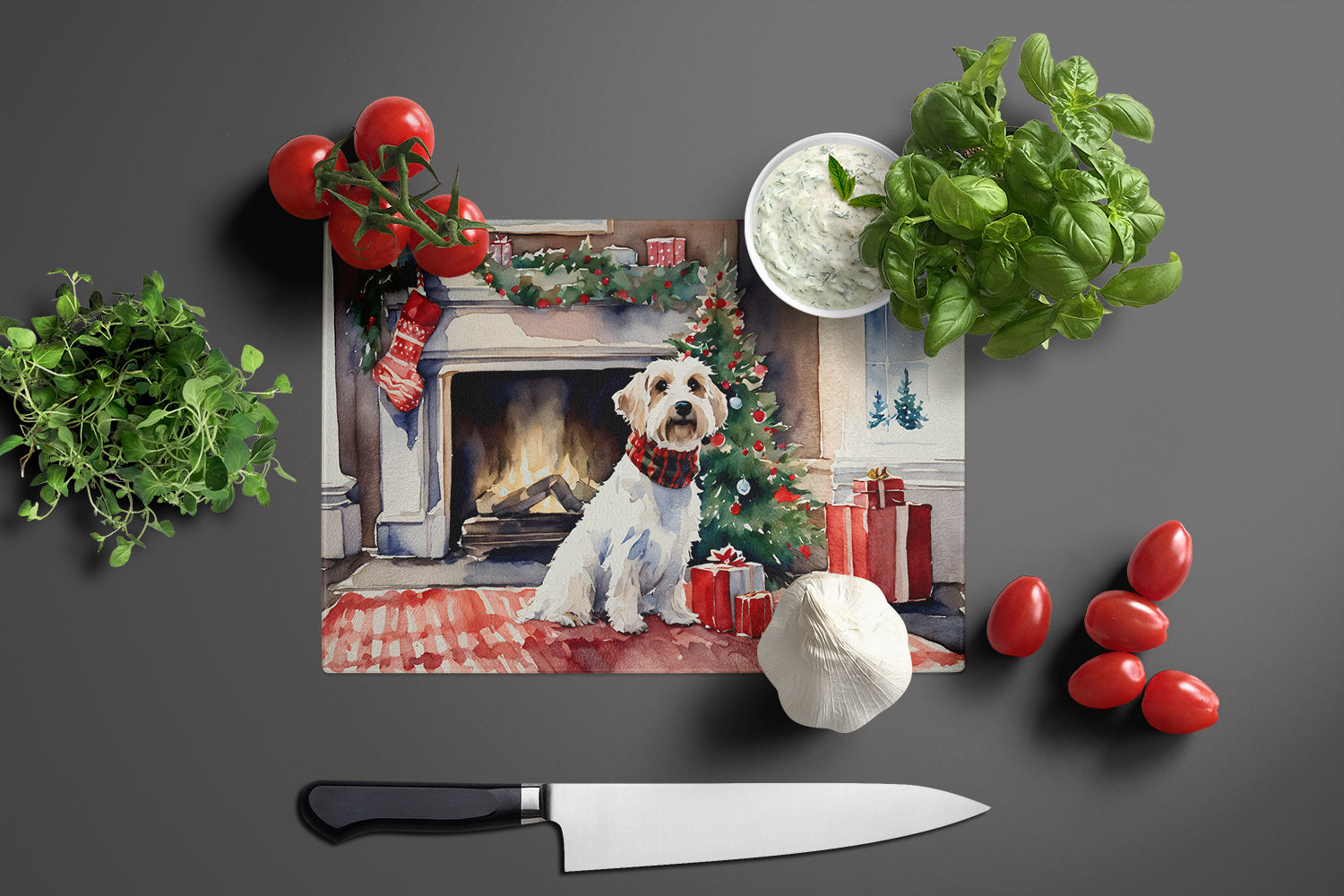 Sealyham Terrier Cozy Christmas Cutting Board Tempered Glass Kitchen Cutting Surface, Heat Resistant Chopping, Non-Slip Feet, Food Prep & Serving