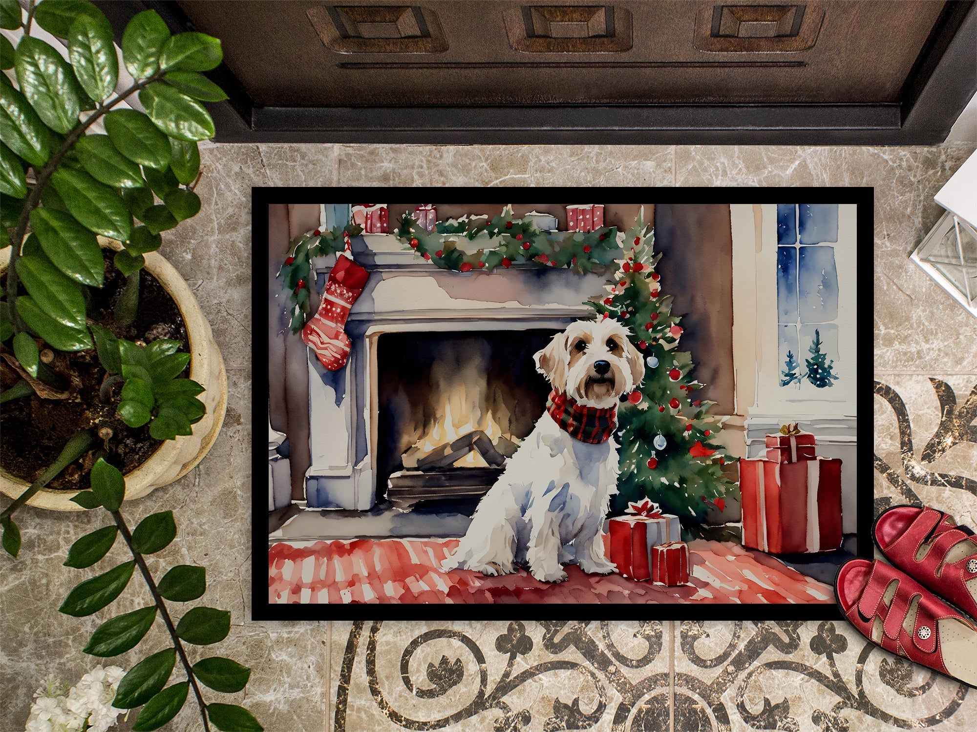 Sealyham Terrier Cozy Christmas Doormat Indoor Outdoor 18H X 27W Front Door Mat Rugs for Entryway, Non Slip Washable