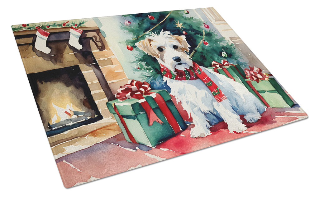 Sealyham Terrier Cozy Christmas Cutting Board Tempered Glass Kitchen Cutting Surface, Heat Resistant Chopping, Non-Slip Feet, Food Prep & Serving