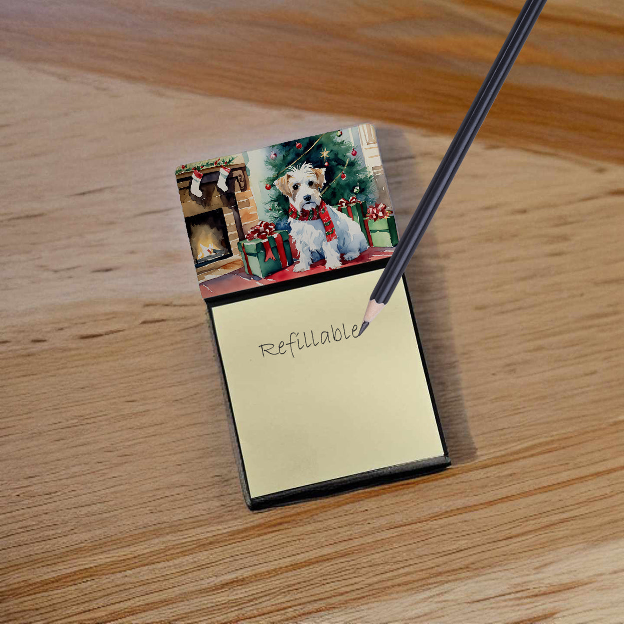 Sealyham Terrier Cozy Christmas Watercolor Sticky Note Holder Refillable Dispenser Desk Accessory 3x3 Pad Gift