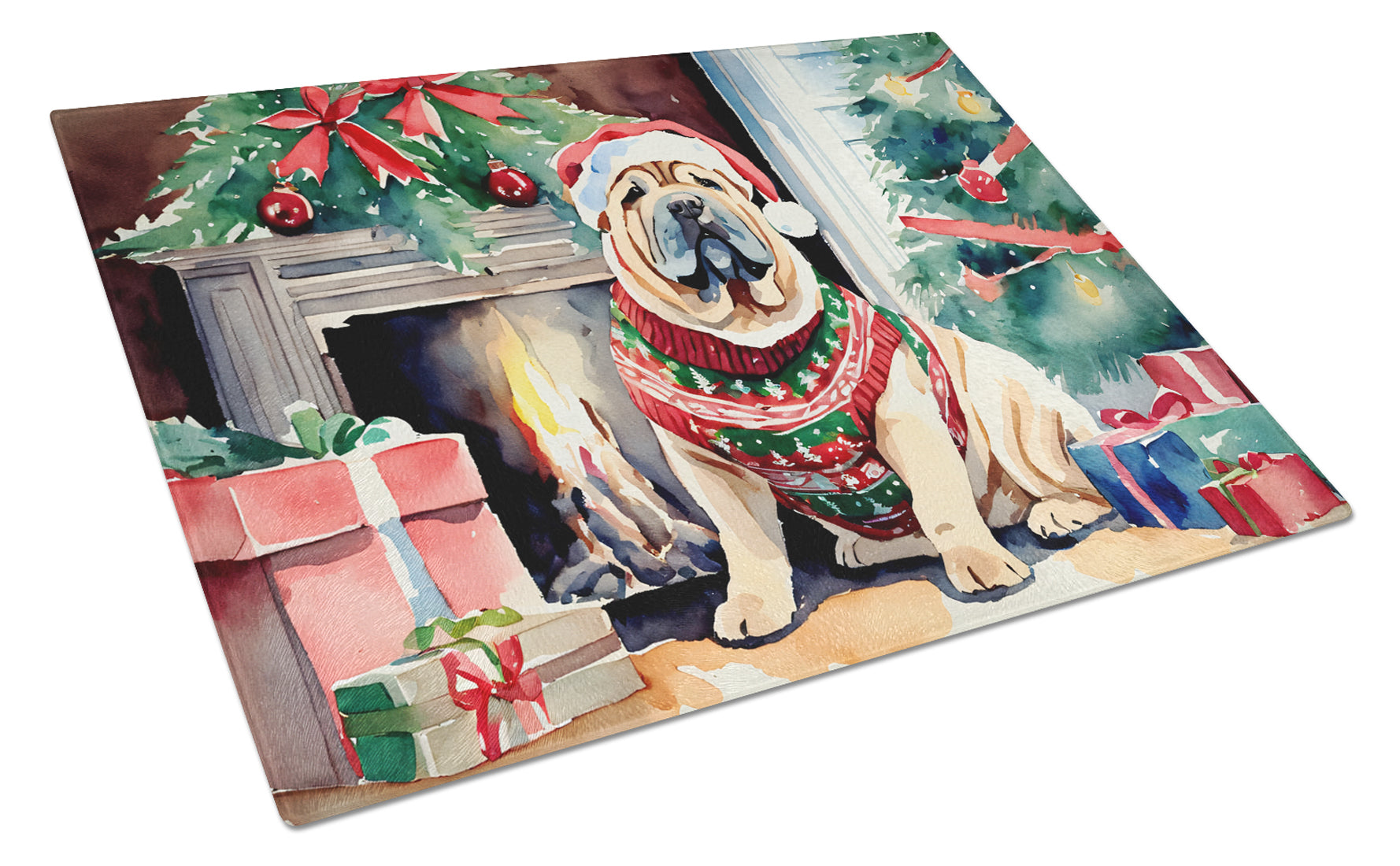 Shar Pei Cozy Christmas Cutting Board Tempered Glass Kitchen Cutting Surface, Heat Resistant Chopping, Non-Slip Feet, Food Prep & Serving