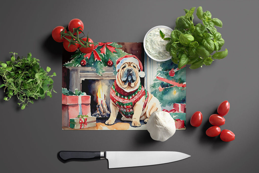 Shar Pei Cozy Christmas Cutting Board Tempered Glass Kitchen Cutting Surface, Heat Resistant Chopping, Non-Slip Feet, Food Prep & Serving