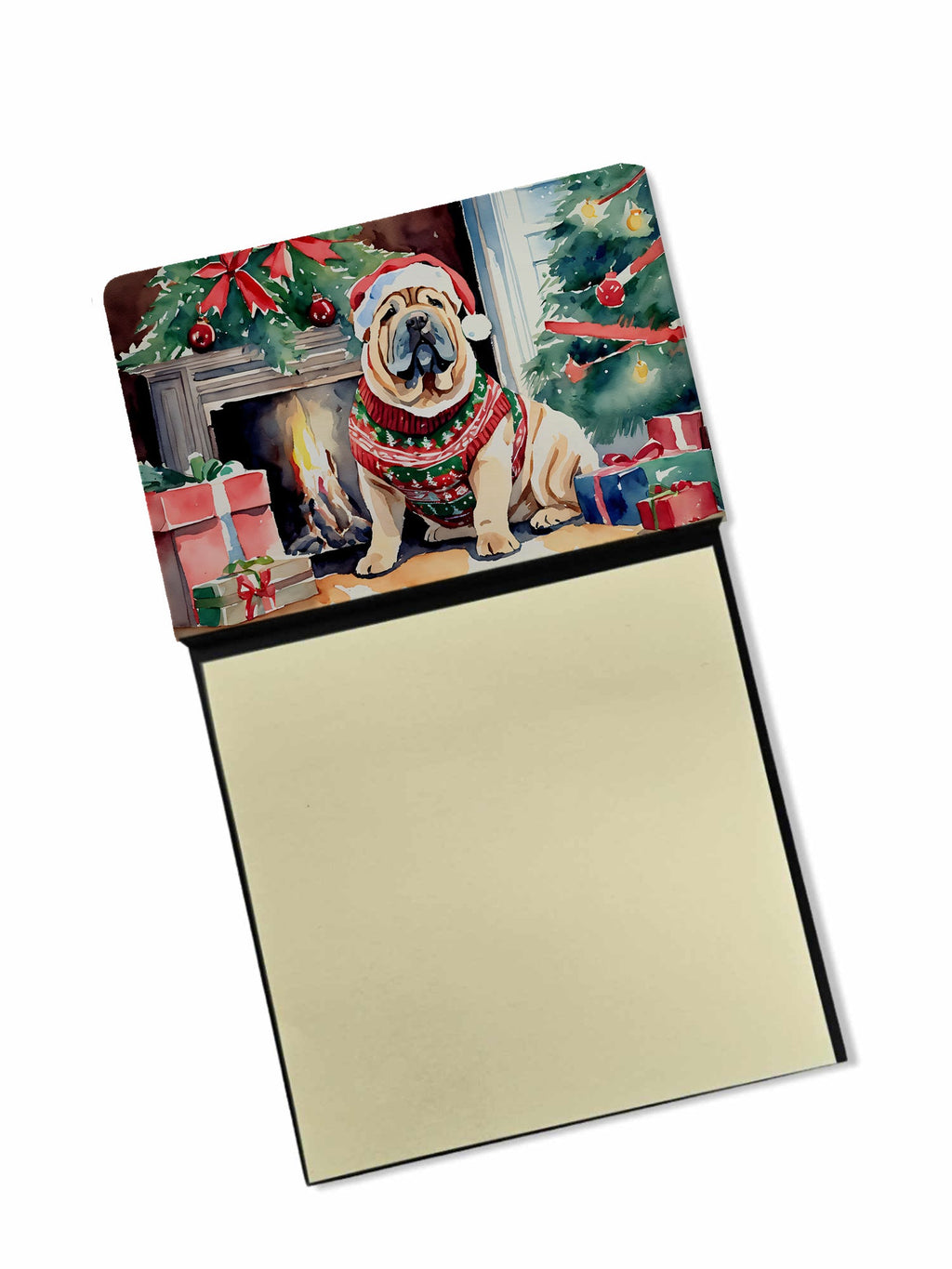 Shar Pei Cozy Christmas Watercolor Sticky Note Holder Refillable Dispenser Desk Accessory 3x3 Pad Gift
