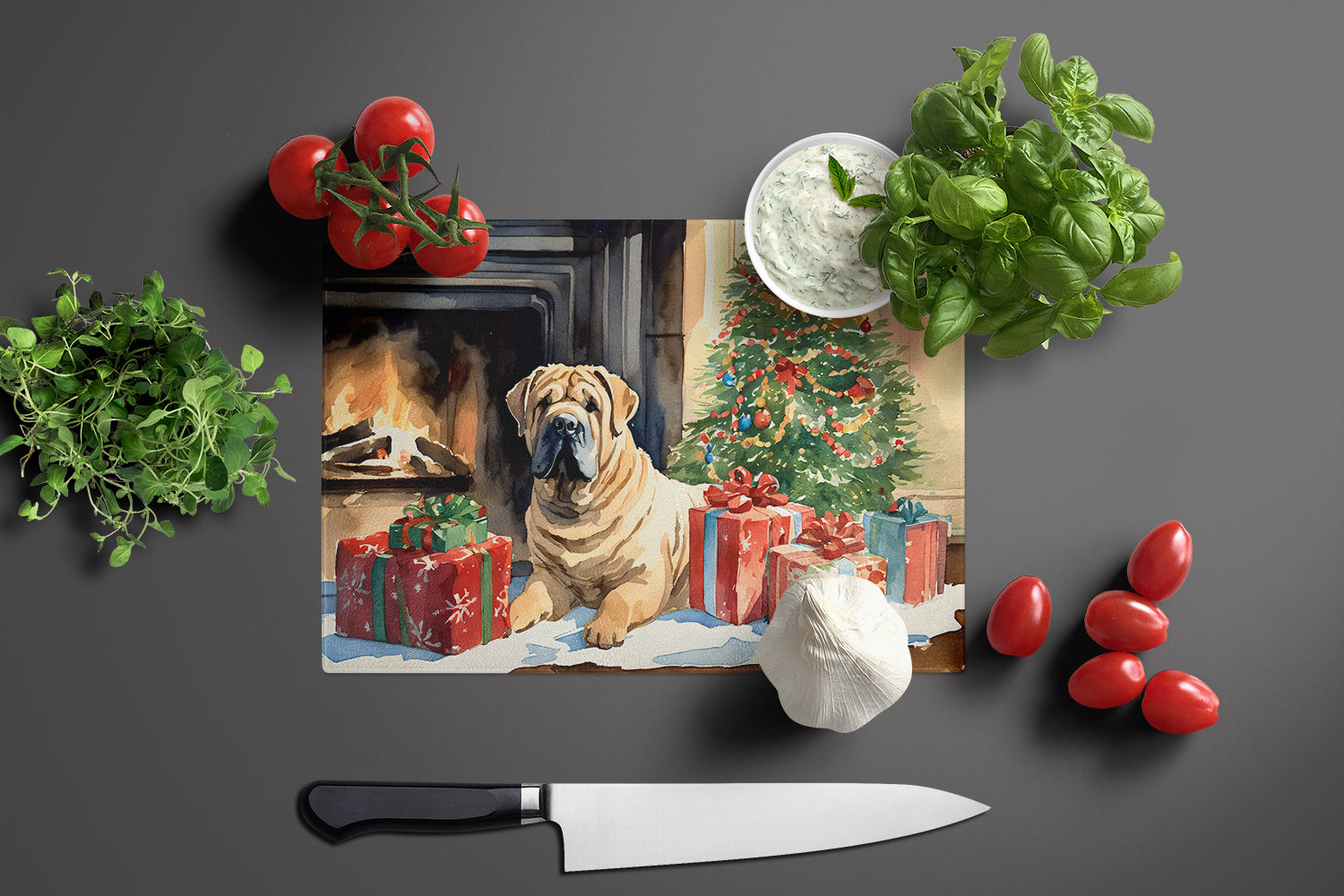 Shar Pei Cozy Christmas Cutting Board Tempered Glass Kitchen Cutting Surface, Heat Resistant Chopping, Non-Slip Feet, Food Prep & Serving