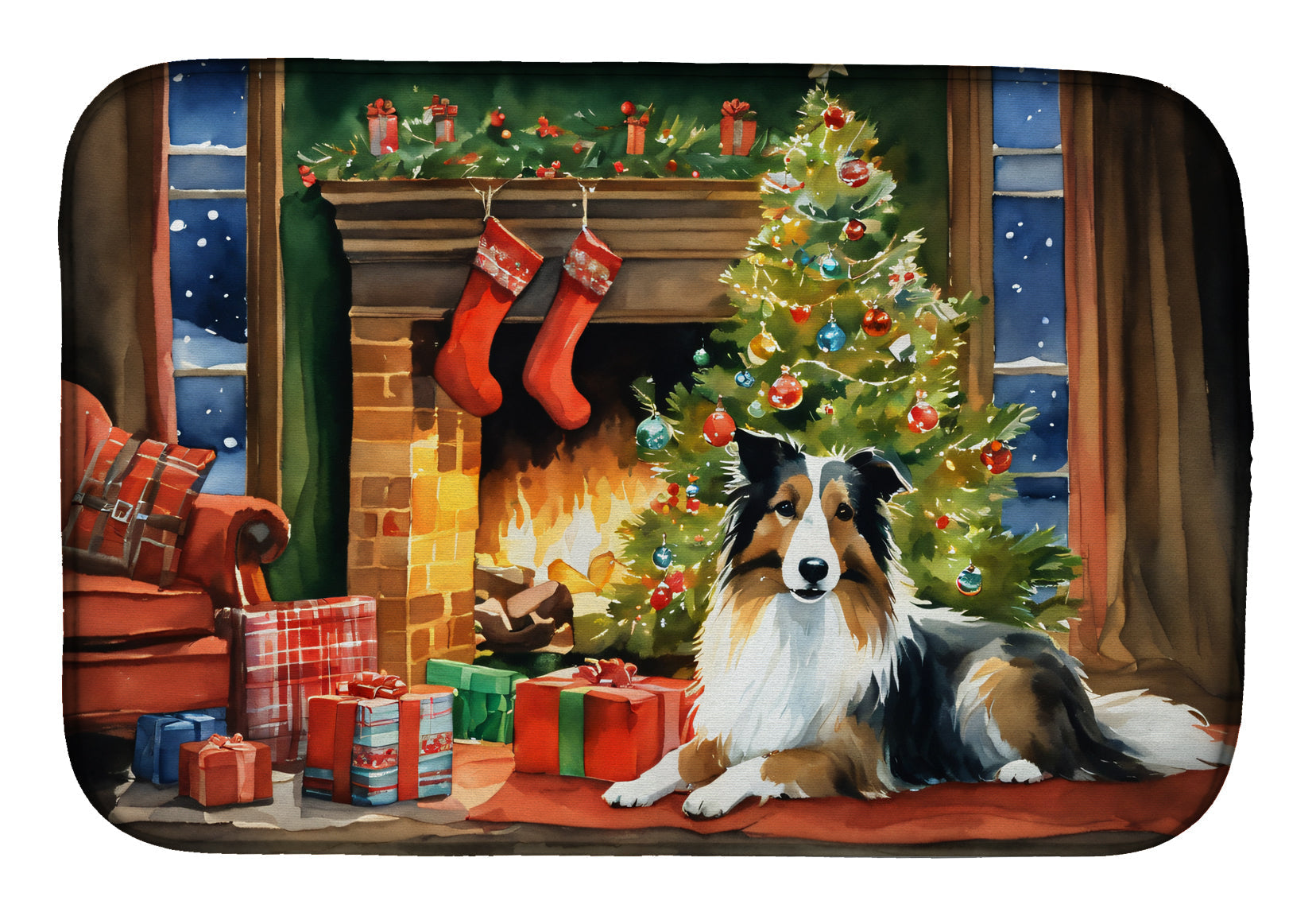 Sheltie Cozy Christmas Dish Drying Mat Absorbent Dish Drying Mat Pad for Kitchen Counter Dish Drainer Mat for Countertop, 14 x 21", Multicolor