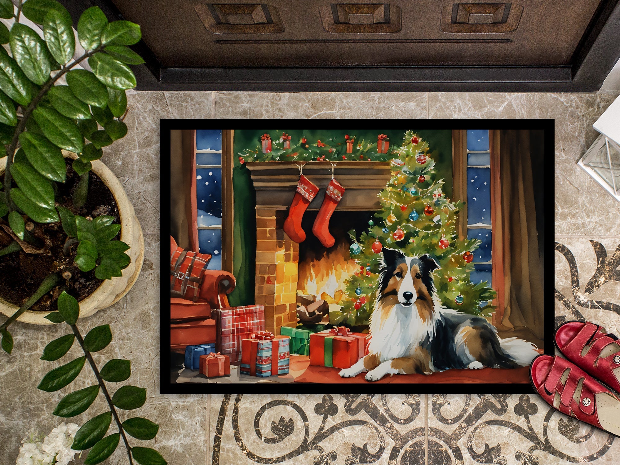 Sheltie Cozy Christmas Doormat Indoor Outdoor 24H X 36W Front Door Mat Rugs for Entryway, Non Slip Washable Low Pile,