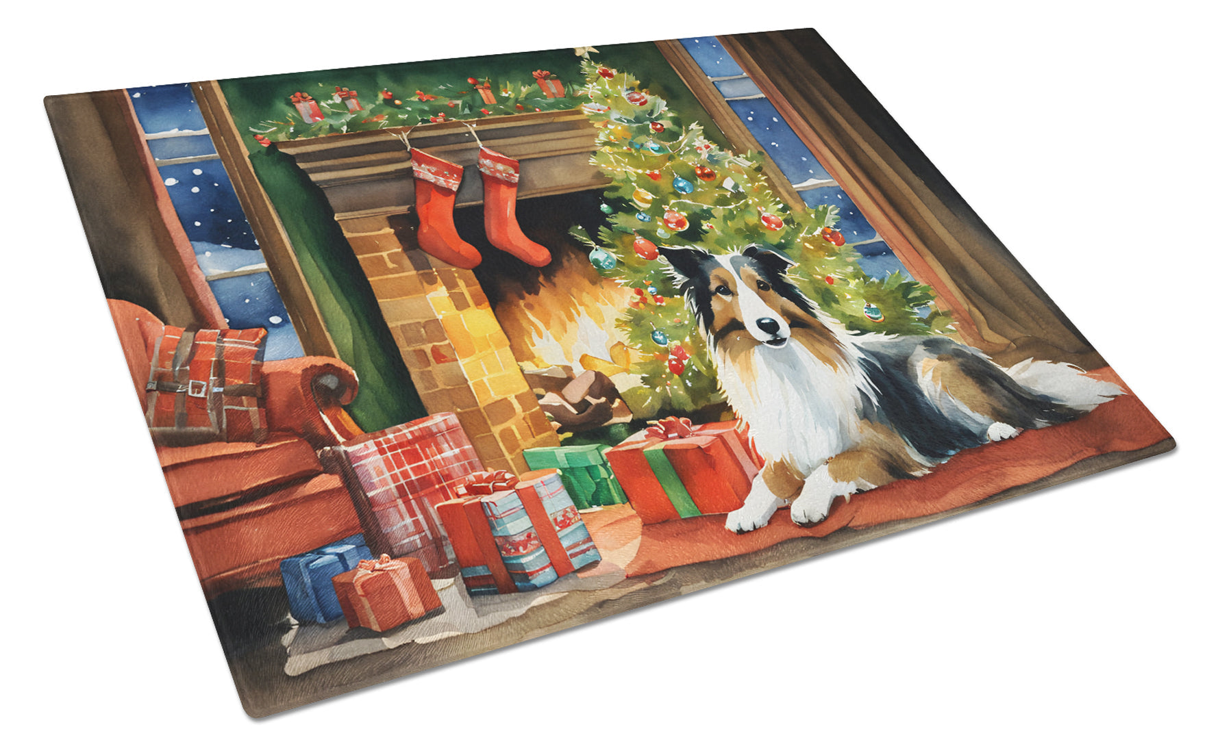 Sheltie Cozy Christmas Cutting Board Tempered Glass Kitchen Cutting Surface, Heat Resistant Chopping, Non-Slip Feet, Food Prep & Serving