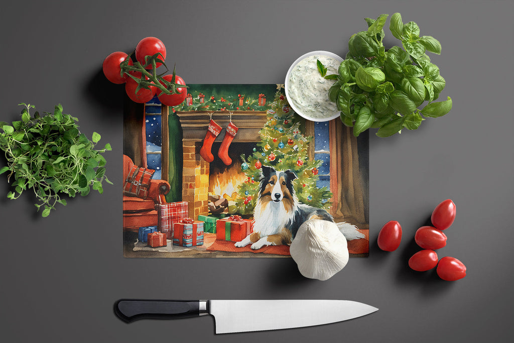 Sheltie Cozy Christmas Cutting Board Tempered Glass Kitchen Cutting Surface, Heat Resistant Chopping, Non-Slip Feet, Food Prep & Serving