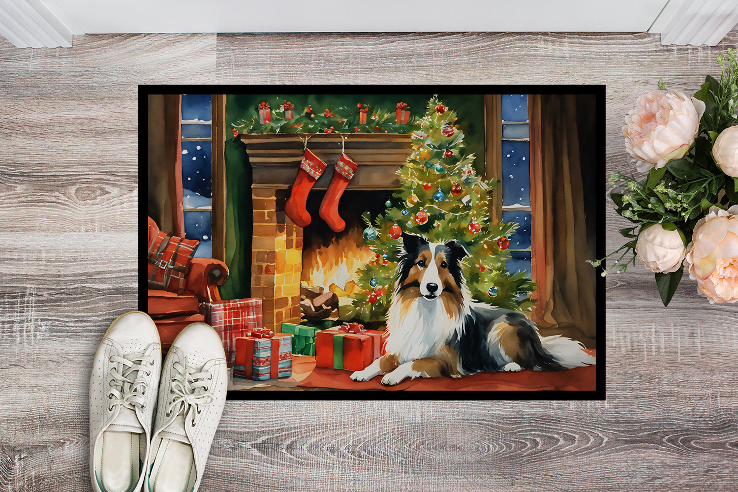 Sheltie Cozy Christmas Doormat Indoor Outdoor 18H X 27W Front Door Mat Rugs for Entryway, Non Slip Washable