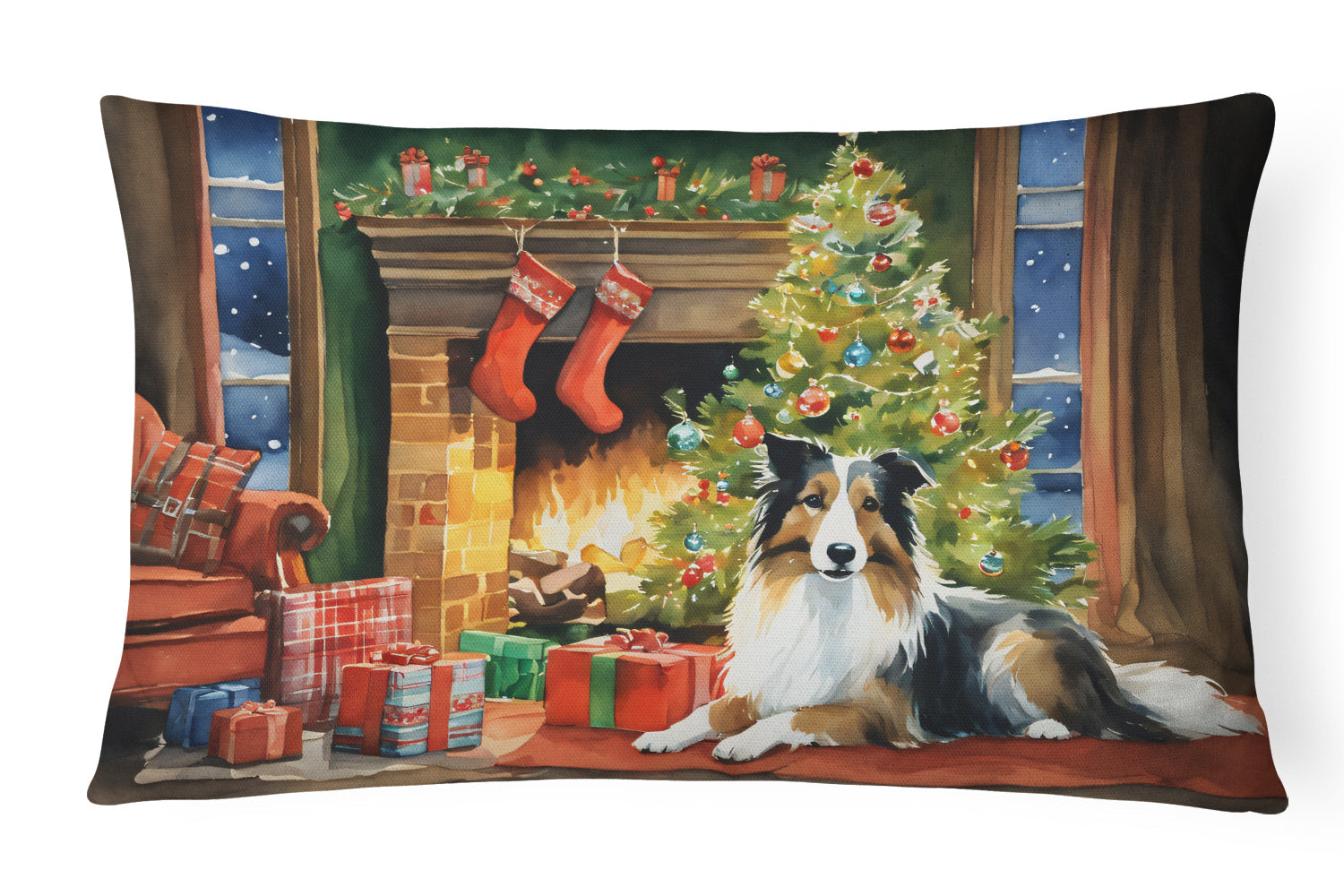 Sheltie Cozy Christmas Decorative Throw Pillow 12x16 Indoor Outdoor Accent Cushion, Fabric Cover with Insert for Sofa, Bed, Porch & Living Room