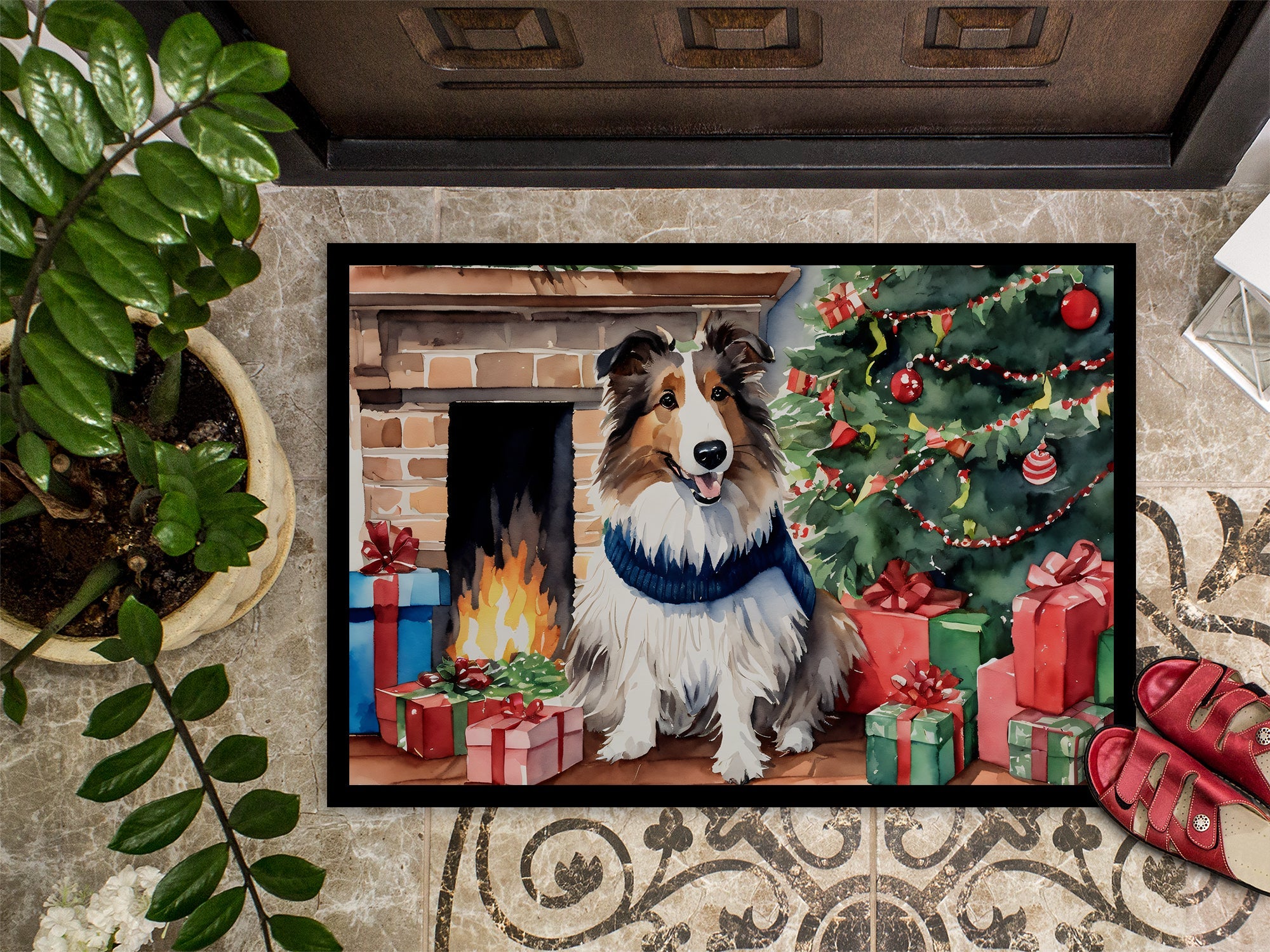Sheltie Cozy Christmas Doormat Indoor Outdoor 24H X 36W Front Door Mat Rugs for Entryway, Non Slip Washable Low Pile,