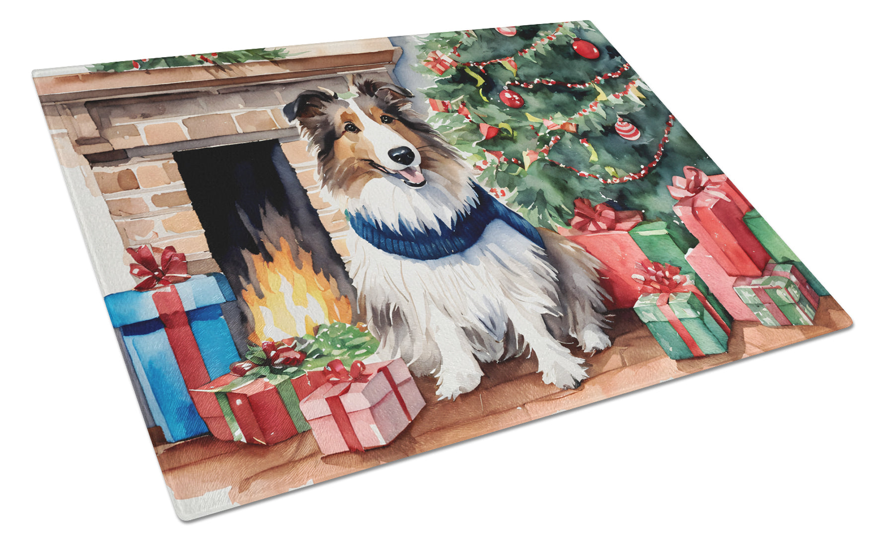 Sheltie Cozy Christmas Cutting Board Tempered Glass Kitchen Cutting Surface, Heat Resistant Chopping, Non-Slip Feet, Food Prep & Serving