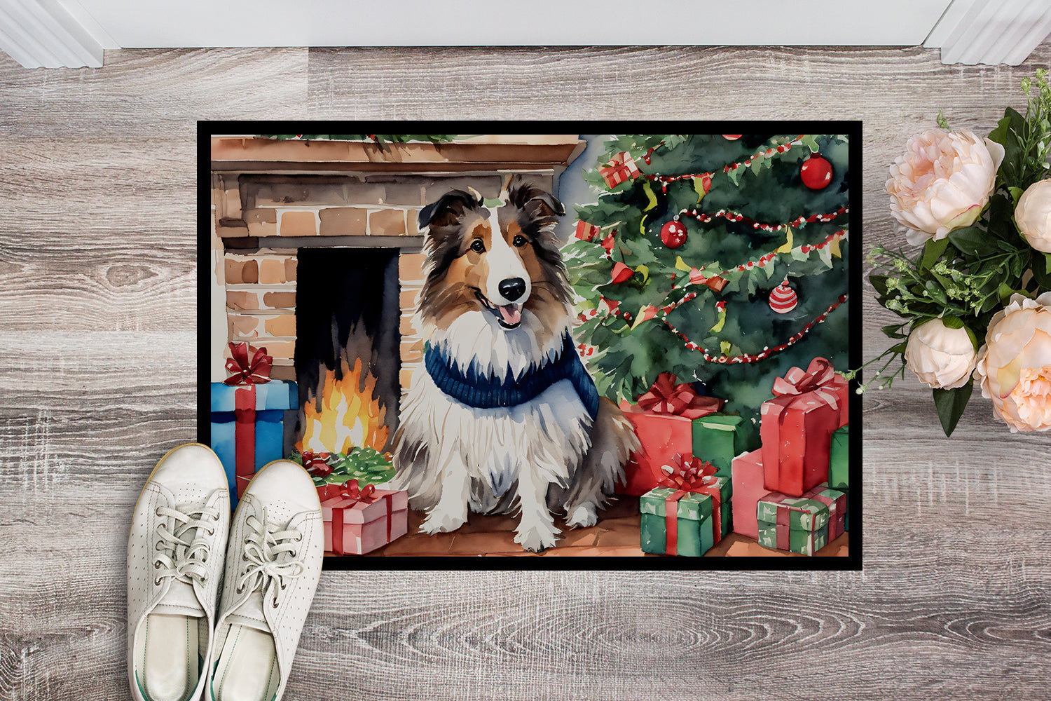 Sheltie Cozy Christmas Doormat Indoor Outdoor 18H X 27W Front Door Mat Rugs for Entryway, Non Slip Washable