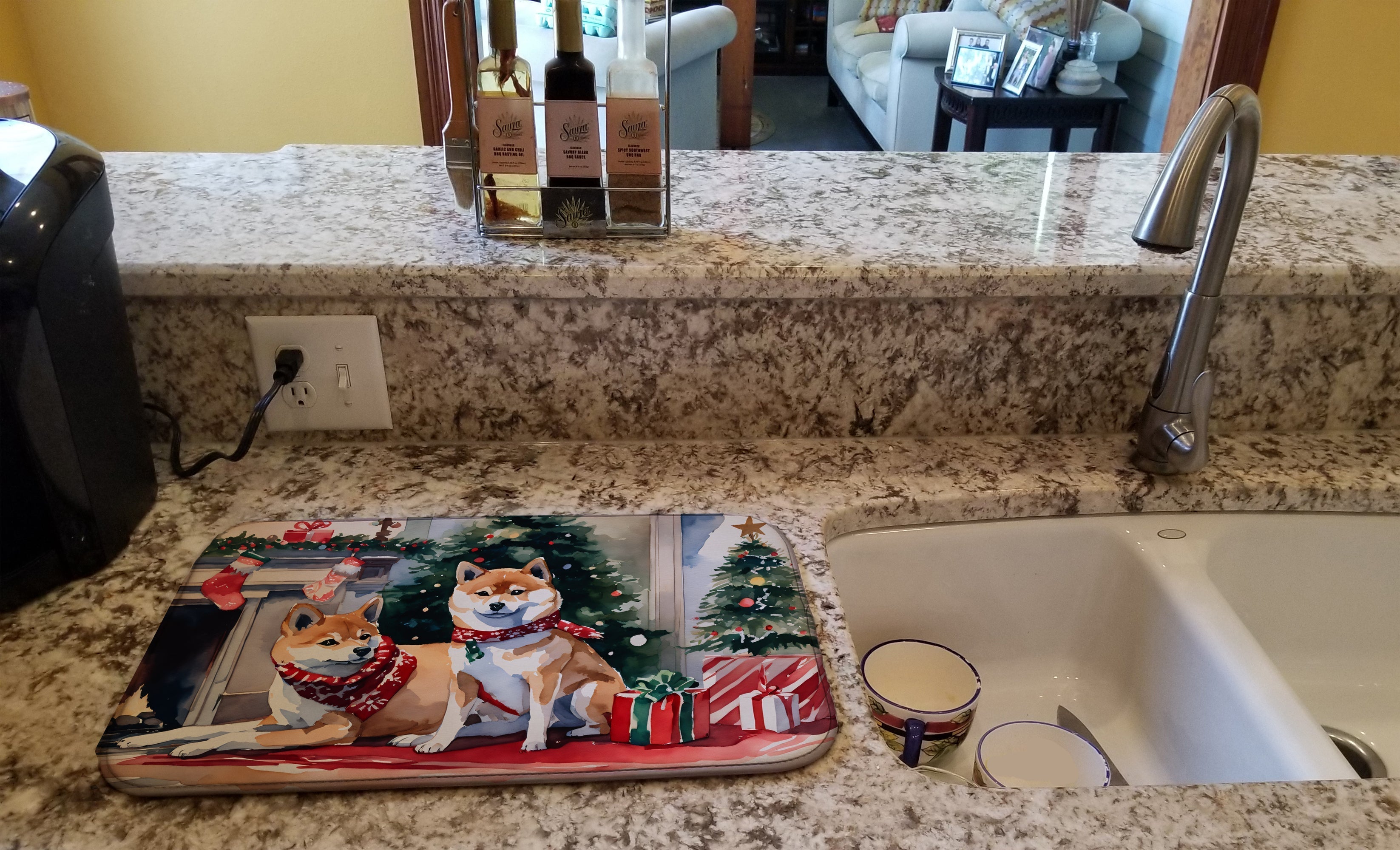 Shiba Inu Cozy Christmas Dish Drying Mat Absorbent Dish Drying Mat Pad for Kitchen Counter Dish Drainer Mat for Countertop, 14 x 21", Multicolor