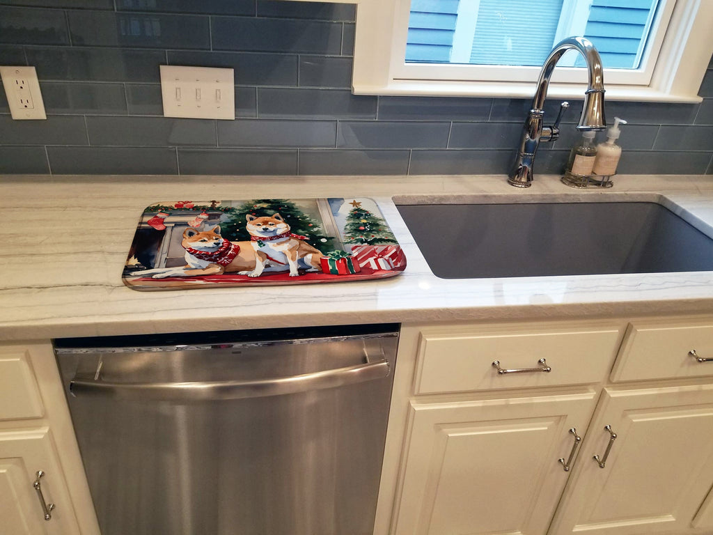 Shiba Inu Cozy Christmas Dish Drying Mat Absorbent Dish Drying Mat Pad for Kitchen Counter Dish Drainer Mat for Countertop, 14 x 21", Multicolor