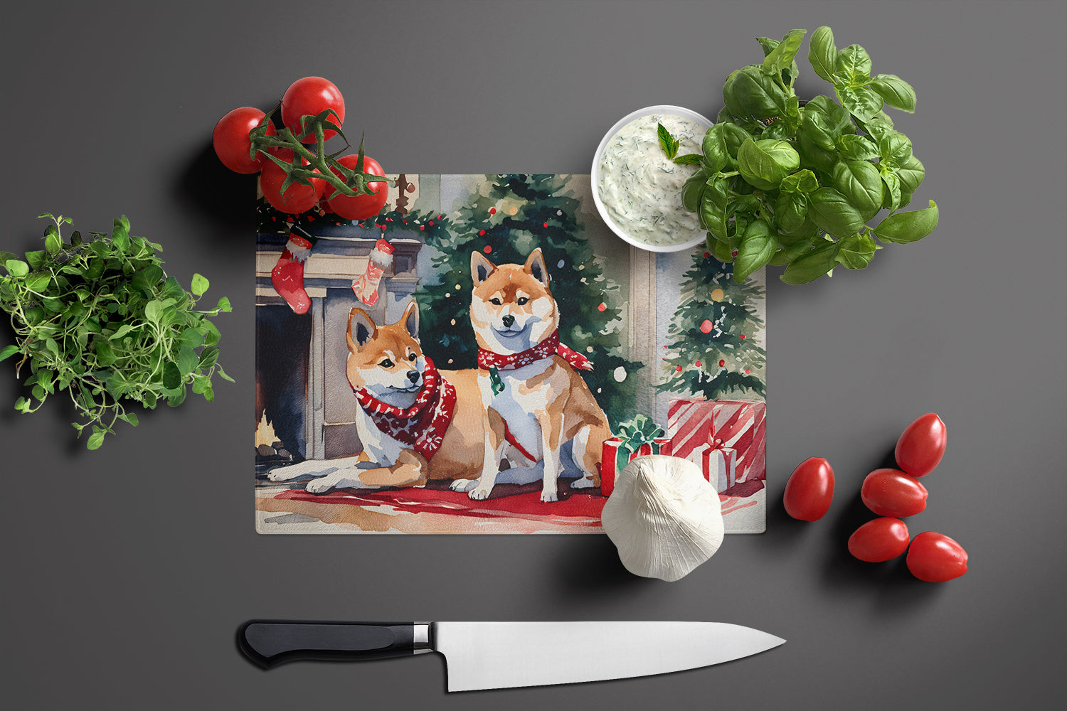 Shiba Inu Cozy Christmas Cutting Board Tempered Glass Kitchen Cutting Surface, Heat Resistant Chopping, Non-Slip Feet, Food Prep & Serving