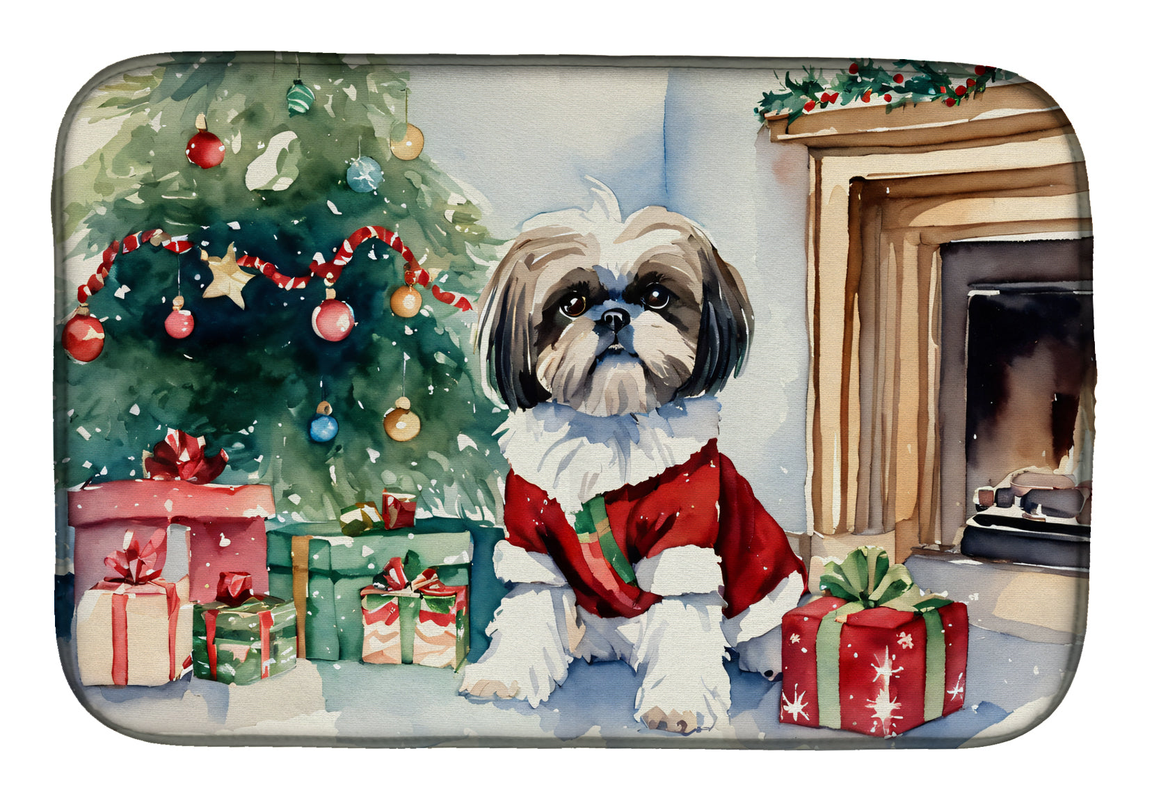 Shih Tzu Cozy Christmas Dish Drying Mat Absorbent Dish Drying Mat Pad for Kitchen Counter Dish Drainer Mat for Countertop, 14 x 21", Multicolor