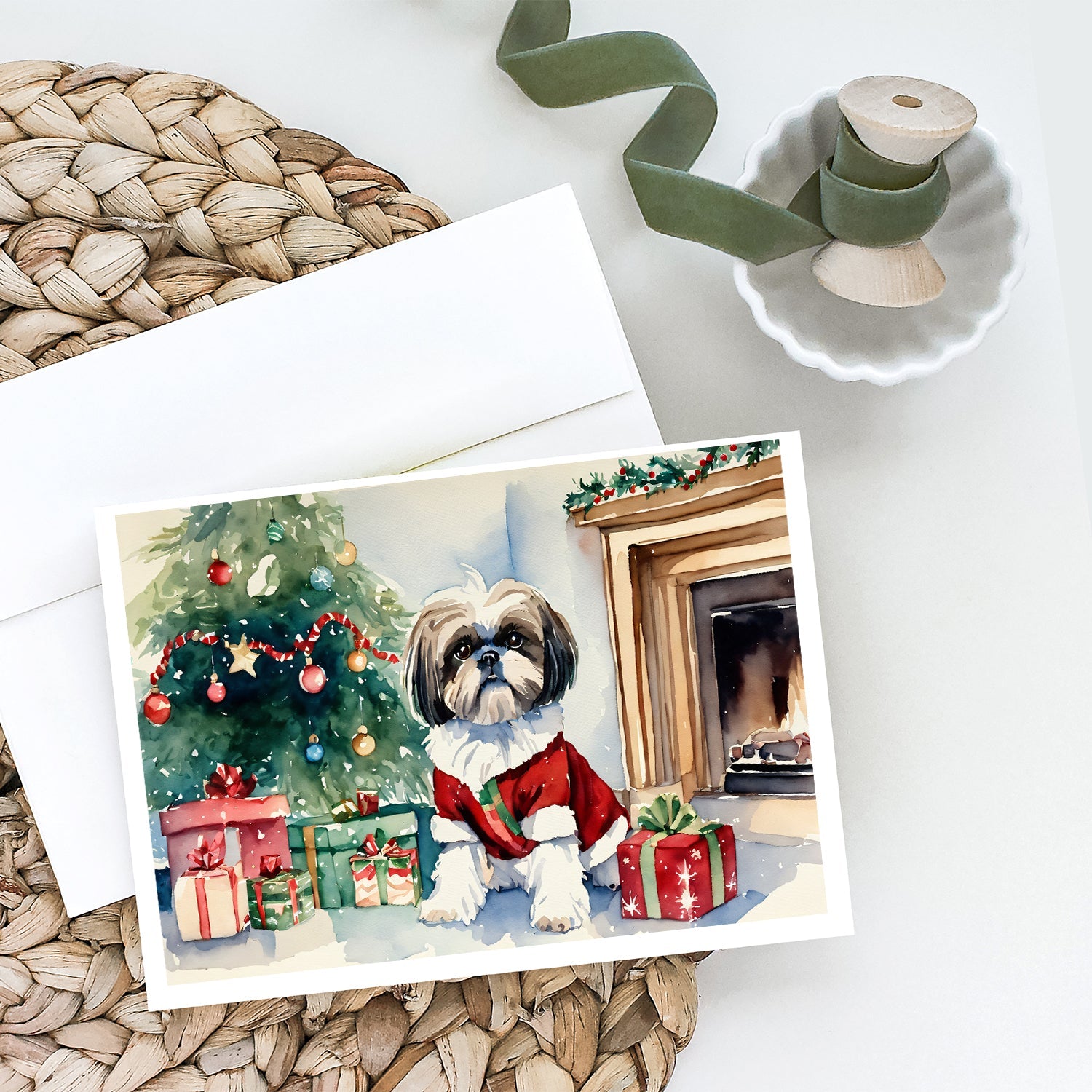 Shih Tzu Cozy Christmas Greeting Cards Pack of 8 Blank Cards with Envelopes Whimsical A7 Size 5x7