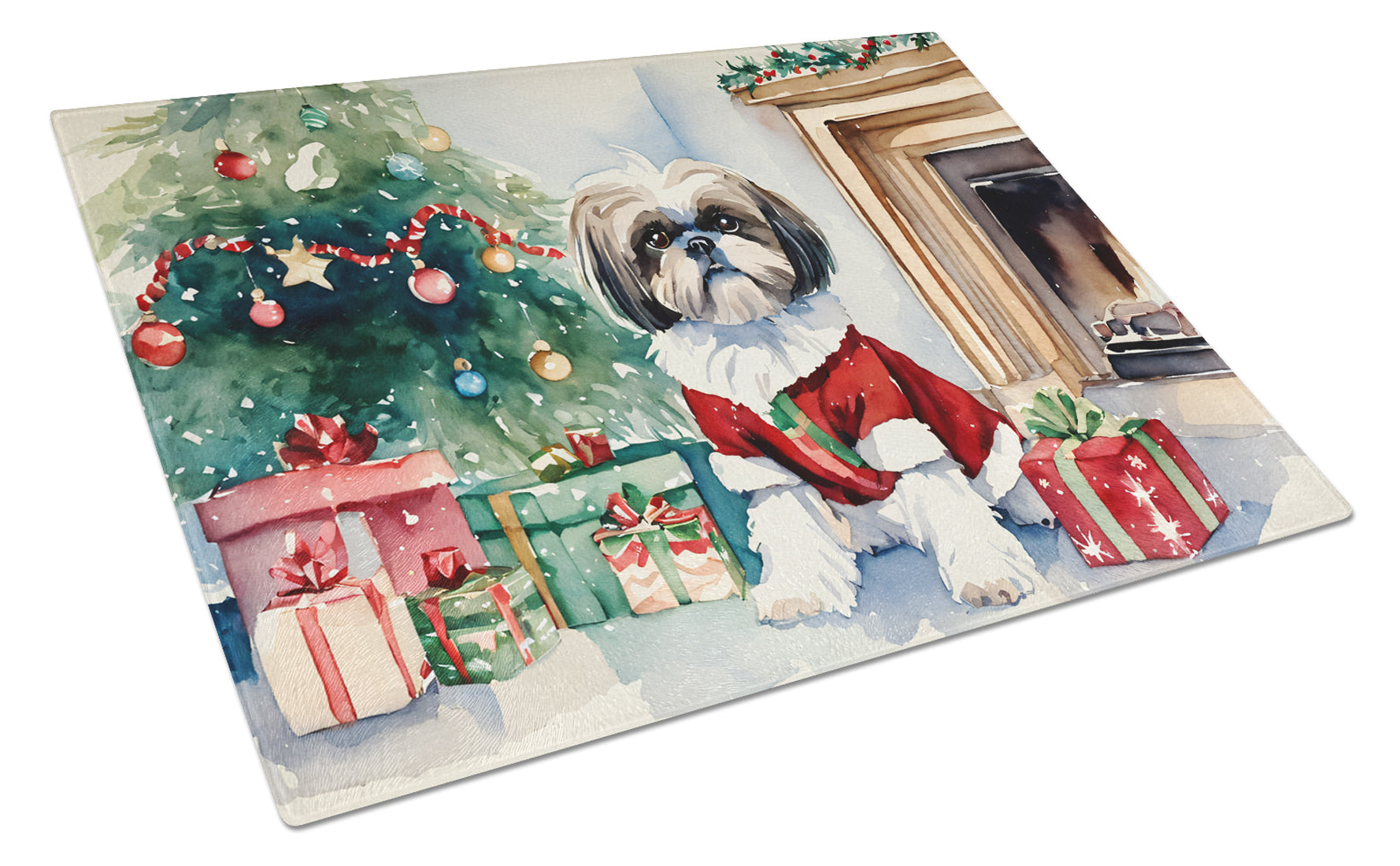 Shih Tzu Cozy Christmas Cutting Board Tempered Glass Kitchen Cutting Surface, Heat Resistant Chopping, Non-Slip Feet, Food Prep & Serving