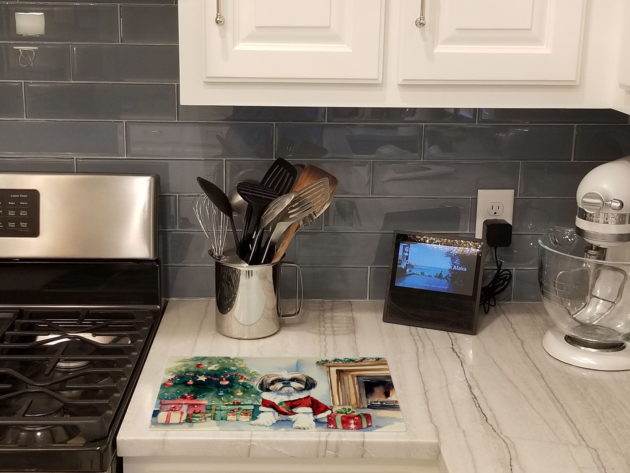 Shih Tzu Cozy Christmas Cutting Board Tempered Glass Kitchen Cutting Surface, Heat Resistant Chopping, Non-Slip Feet, Food Prep & Serving