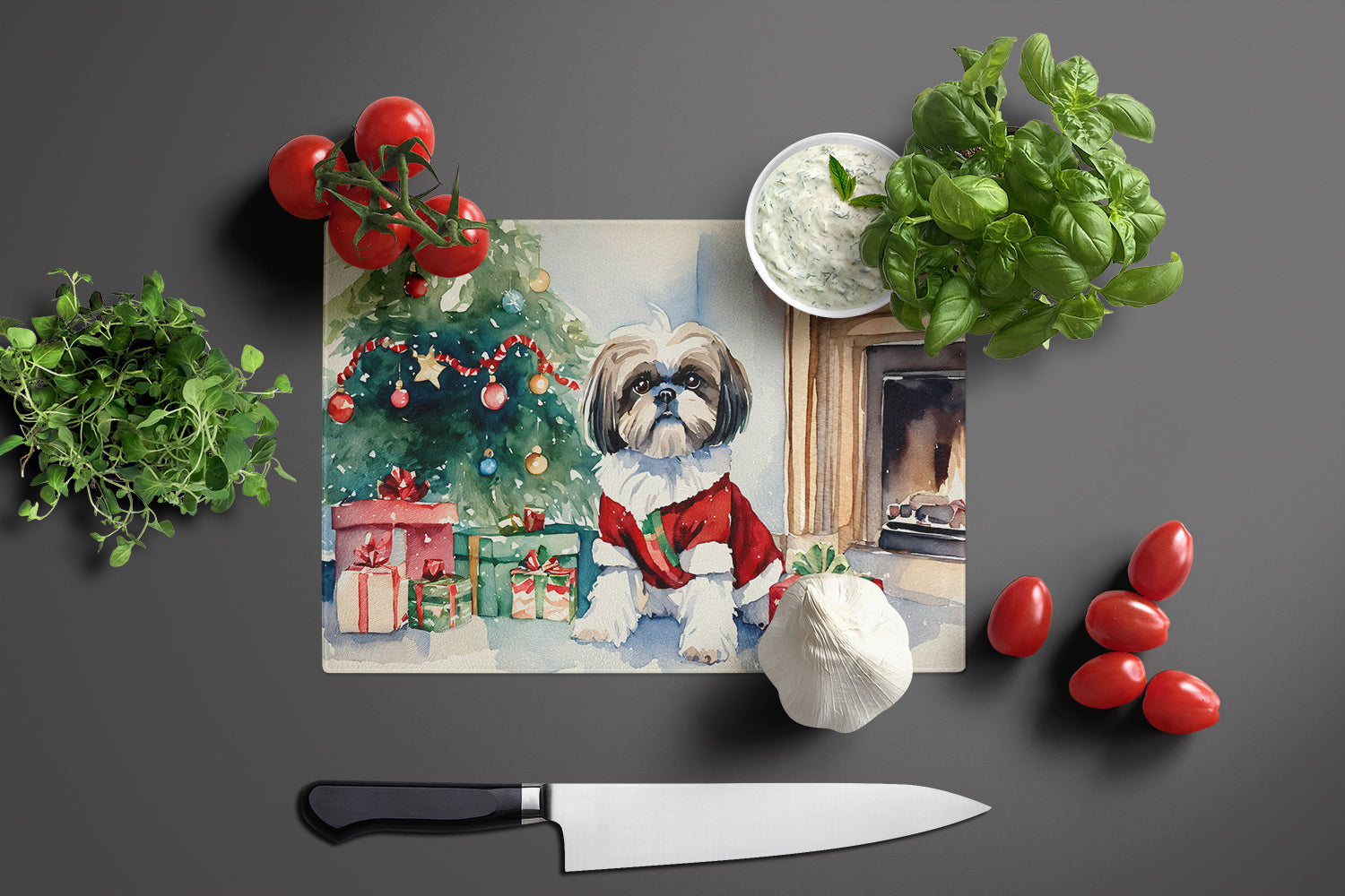 Shih Tzu Cozy Christmas Cutting Board Tempered Glass Kitchen Cutting Surface, Heat Resistant Chopping, Non-Slip Feet, Food Prep & Serving