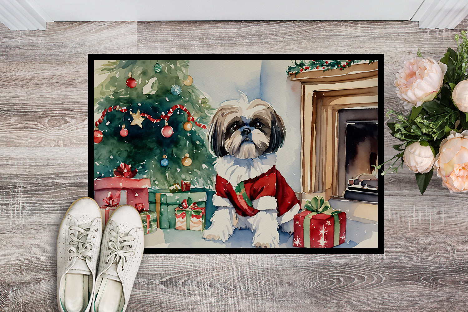 Shih Tzu Cozy Christmas Doormat Indoor Outdoor 18H X 27W Front Door Mat Rugs for Entryway, Non Slip Washable