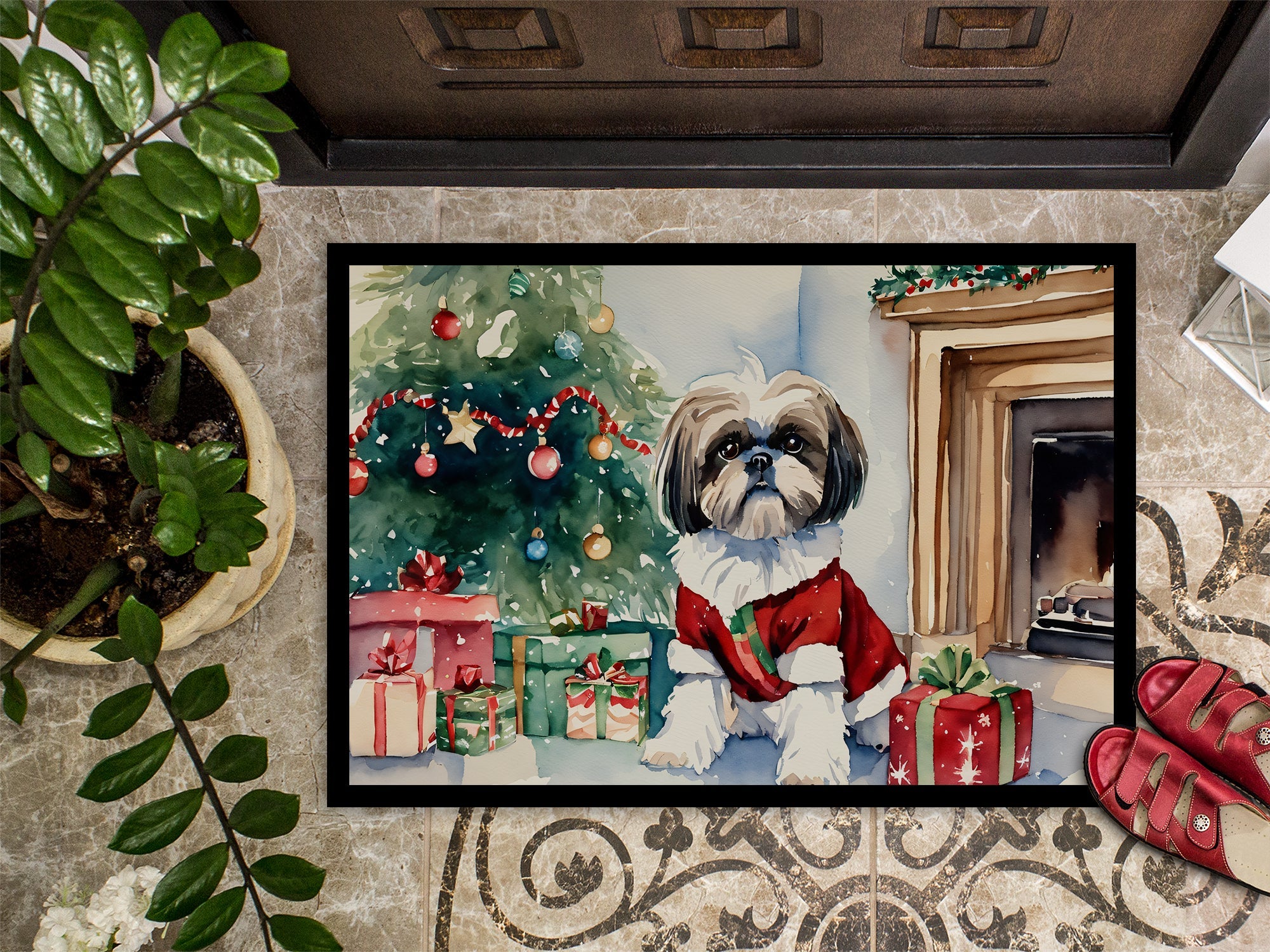 Shih Tzu Cozy Christmas Doormat Indoor Outdoor 18H X 27W Front Door Mat Rugs for Entryway, Non Slip Washable