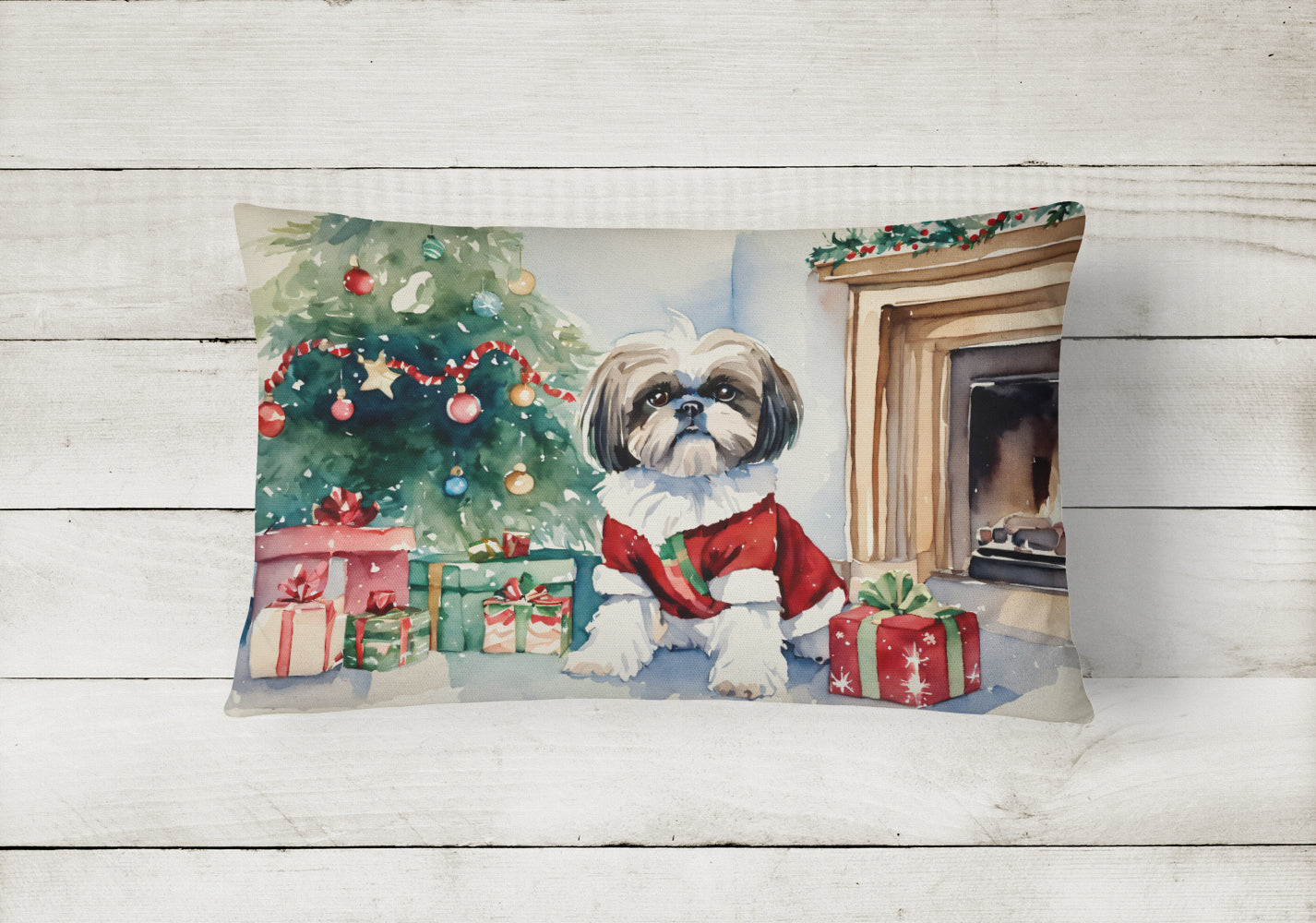 Shih Tzu Cozy Christmas Decorative Throw Pillow 12x16 Indoor Outdoor Accent Cushion, Fabric Cover with Insert for Sofa, Bed, Porch & Living Room