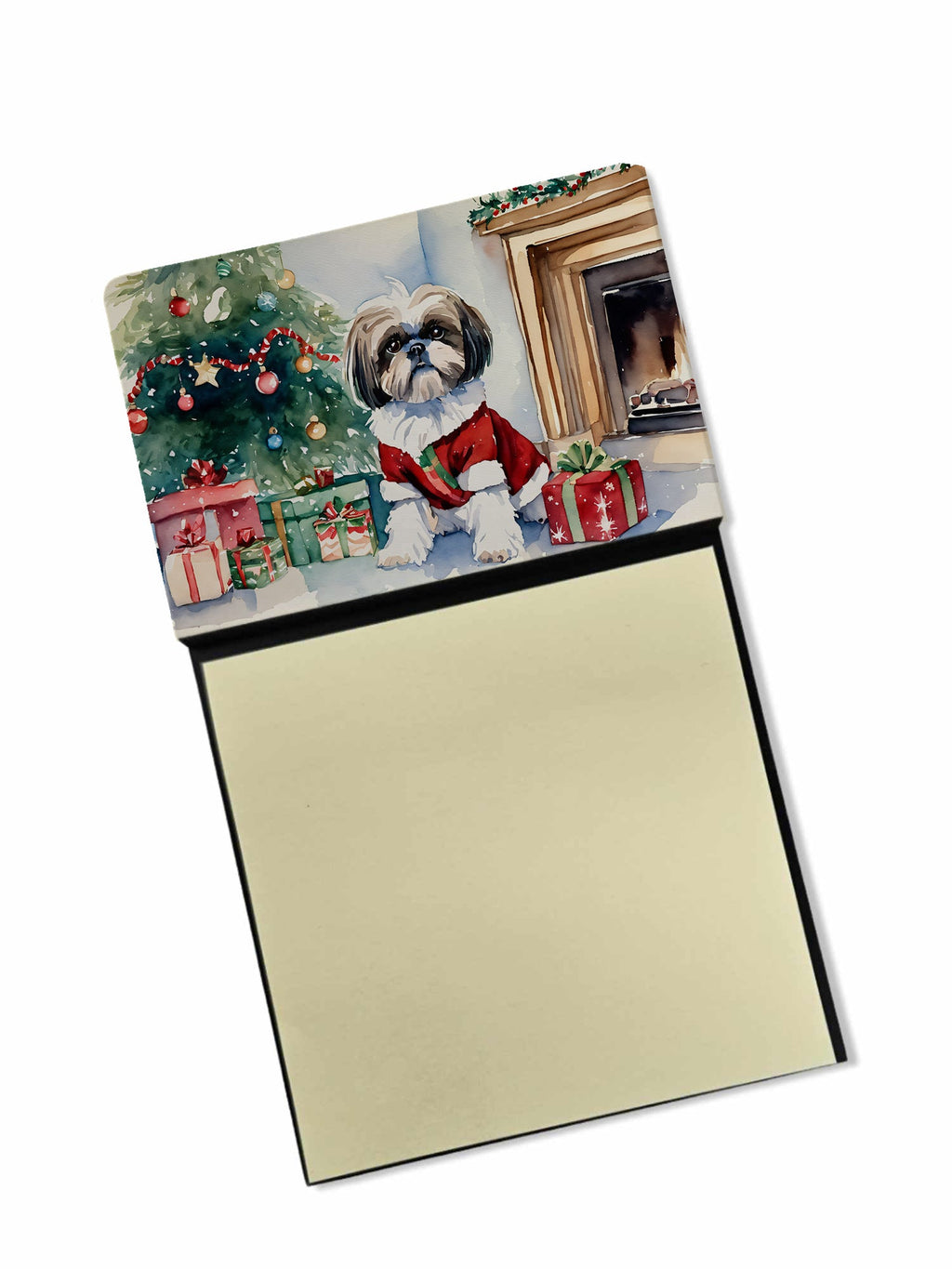Shih Tzu Cozy Christmas Watercolor Sticky Note Holder Refillable Dispenser Desk Accessory 3x3 Pad Gift