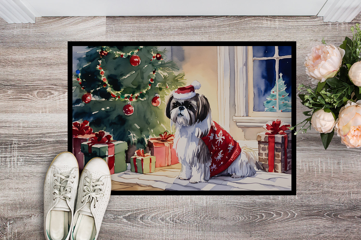 Shih Tzu Cozy Christmas Doormat Indoor Outdoor 18H X 27W Front Door Mat Rugs for Entryway, Non Slip Washable