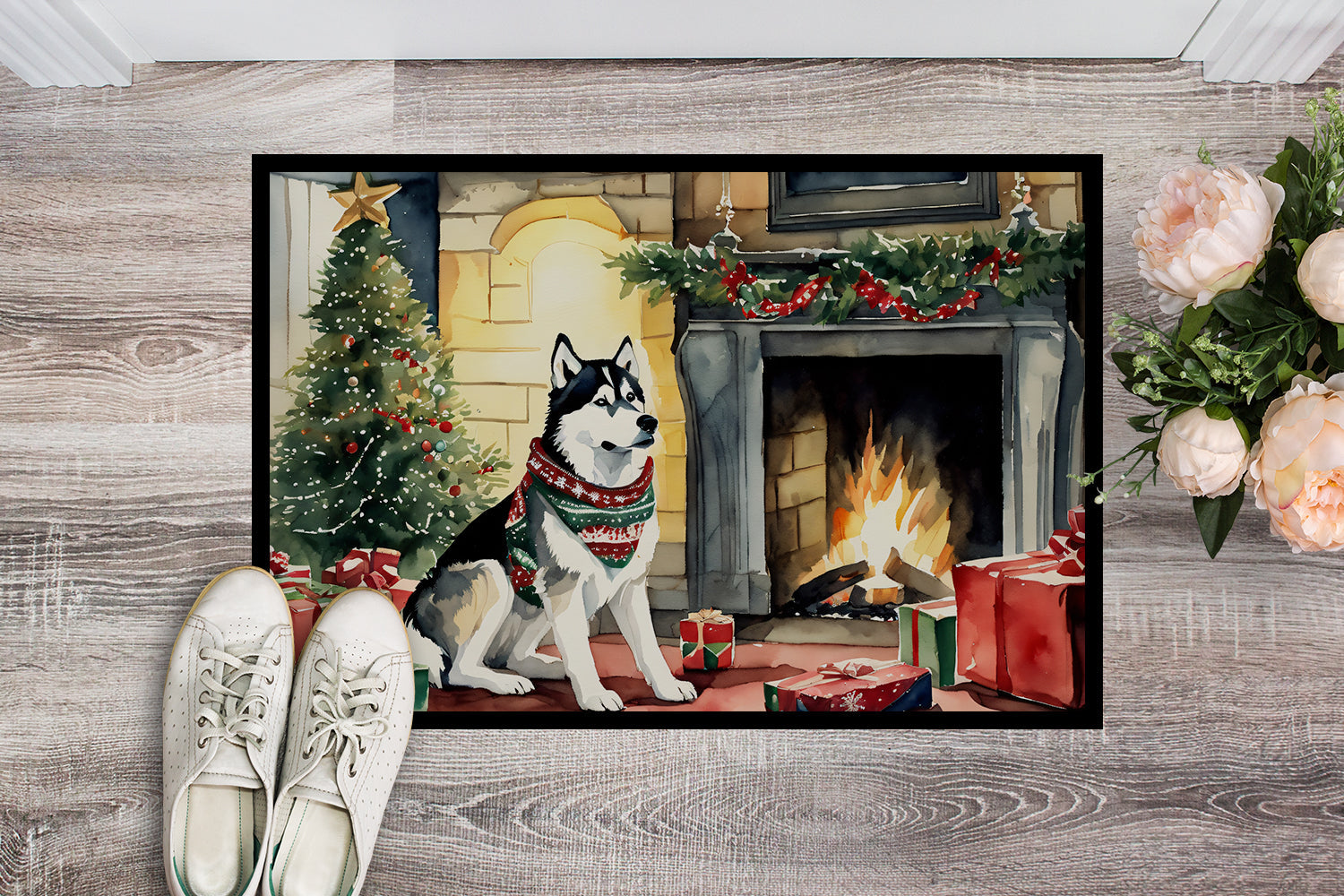 Siberian Husky Cozy Christmas Doormat Indoor Outdoor 24H X 36W Front Door Mat Rugs for Entryway, Non Slip Washable Low Pile,