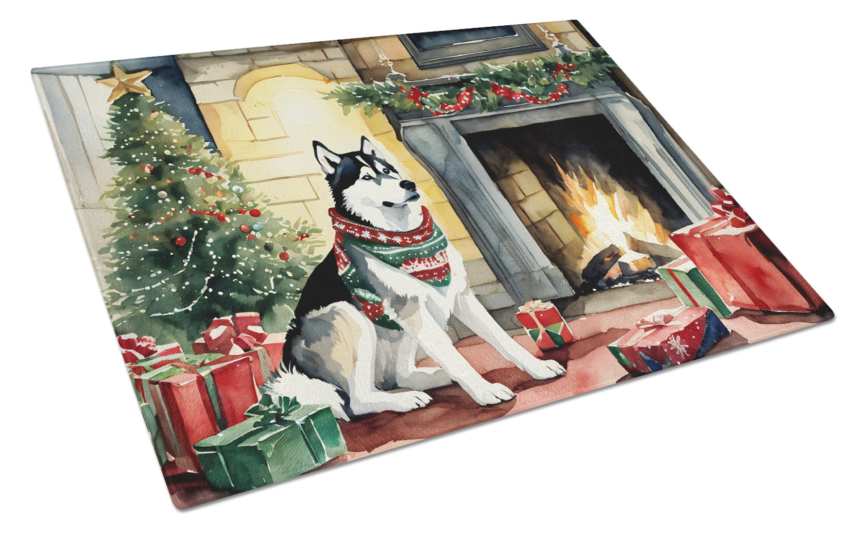 Siberian Husky Cozy Christmas Cutting Board Tempered Glass Kitchen Cutting Surface, Heat Resistant Chopping, Non-Slip Feet, Food Prep & Serving