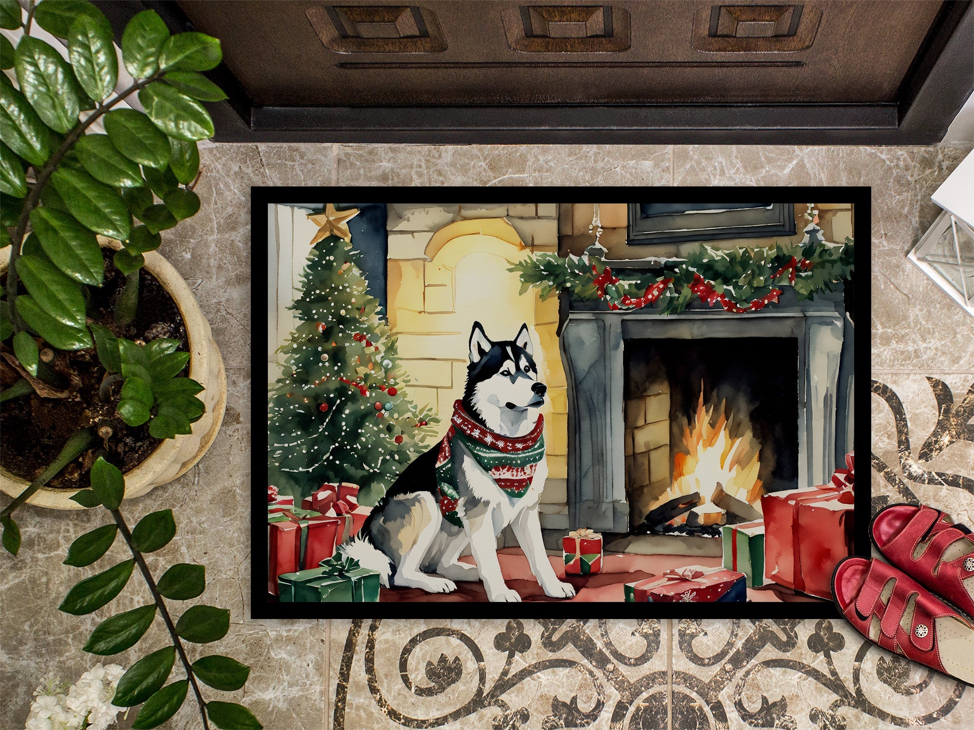 Siberian Husky Cozy Christmas Doormat Indoor Outdoor 18H X 27W Front Door Mat Rugs for Entryway, Non Slip Washable