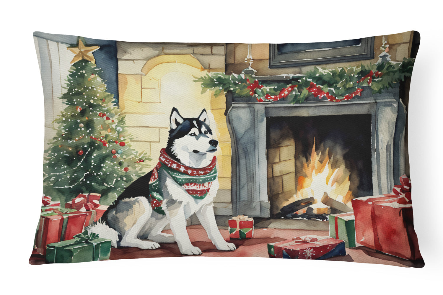 Siberian Husky Cozy Christmas Decorative Throw Pillow 12x16 Indoor Outdoor Accent Cushion, Fabric Cover with Insert for Sofa, Bed, Porch & Living Room