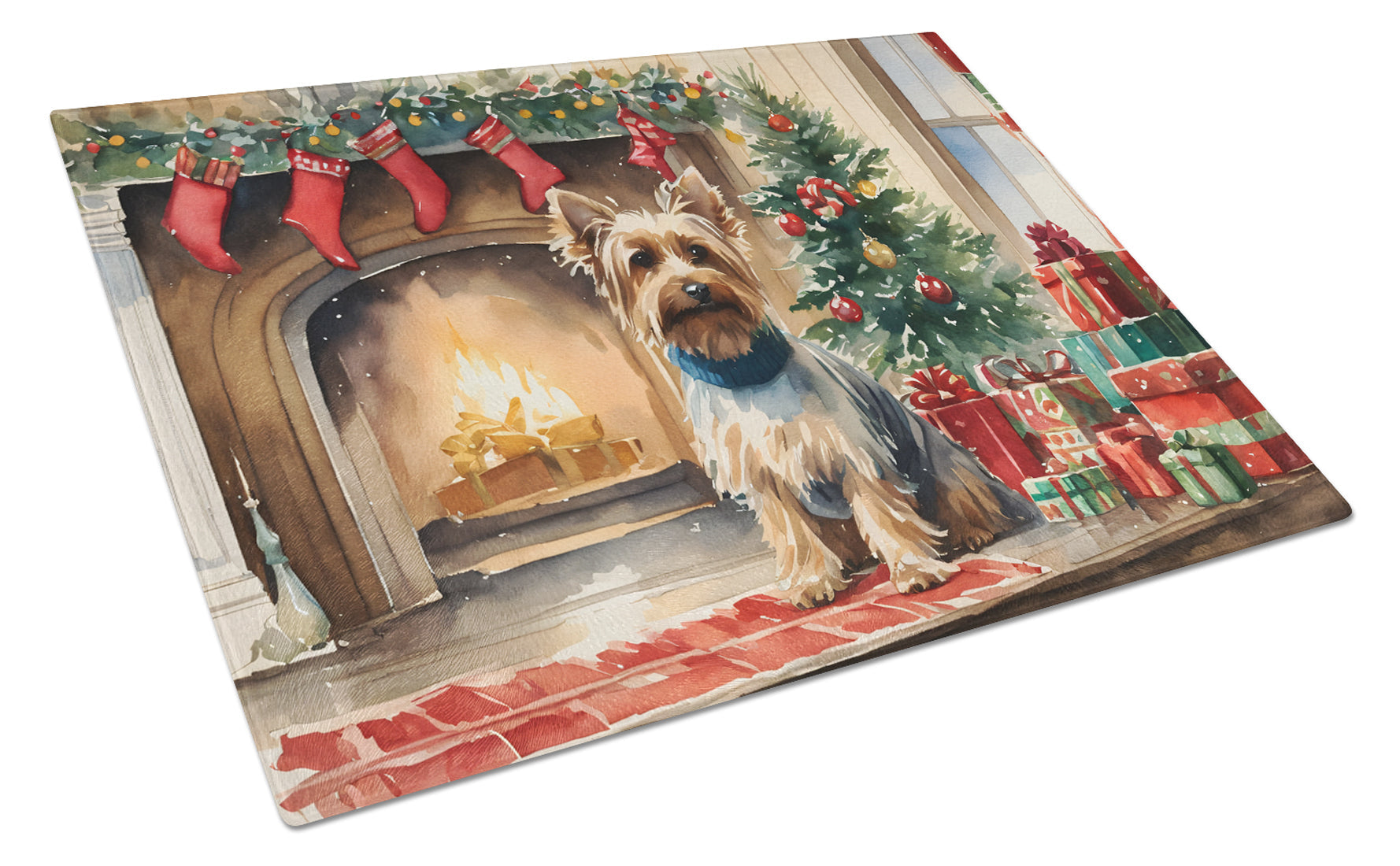 Silky Terrier Cozy Christmas Cutting Board Tempered Glass Kitchen Cutting Surface, Heat Resistant Chopping, Non-Slip Feet, Food Prep & Serving